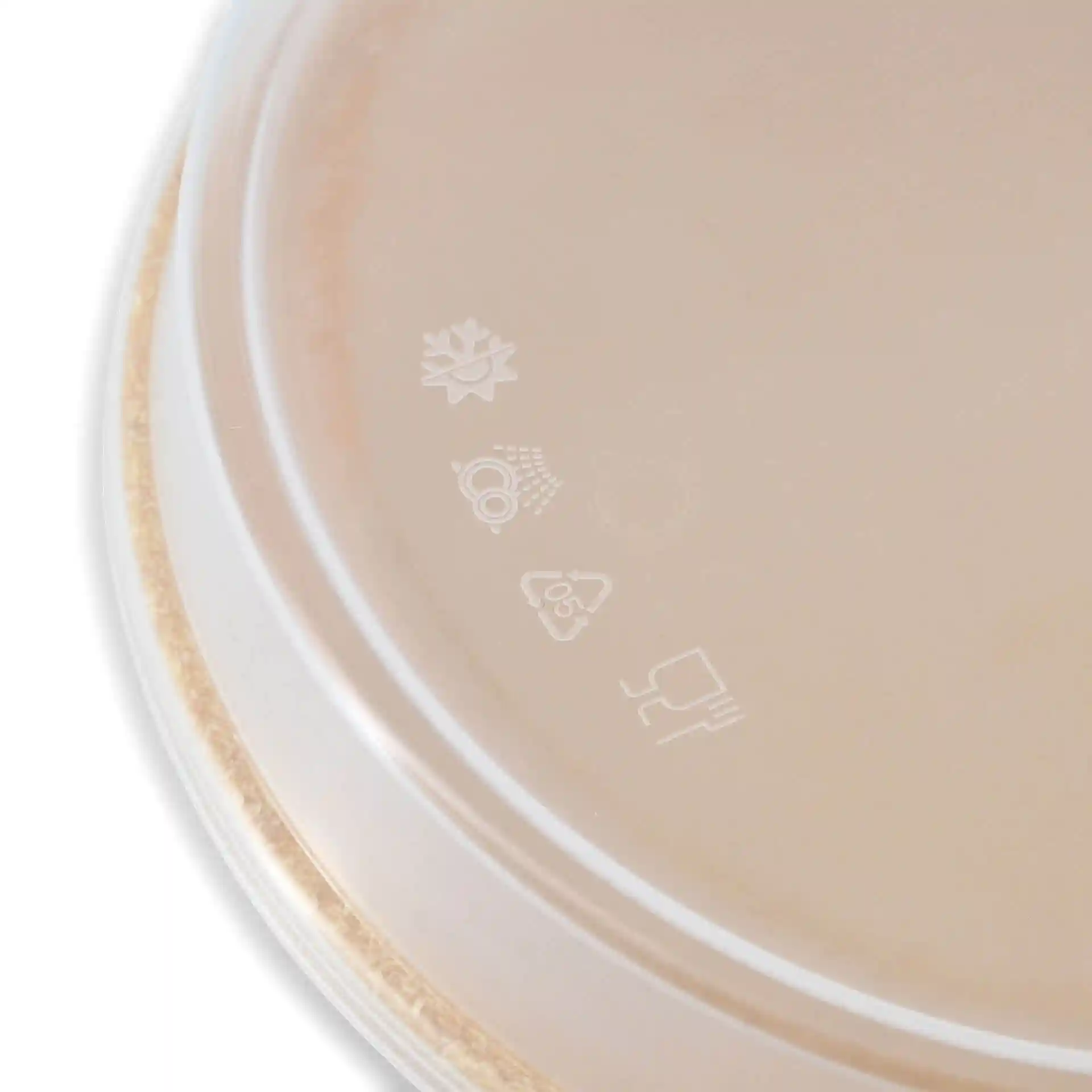 Transparent reusable lid with various symbols, including snowflake, water droplets, recycling, and microwave.