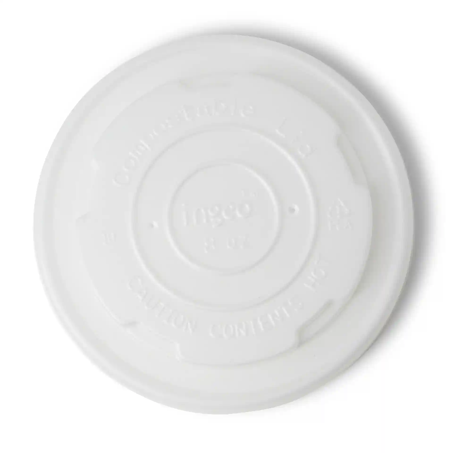 White CPLA flat lid with a round shape, designed for universal cups, measuring 90 mm in diameter.