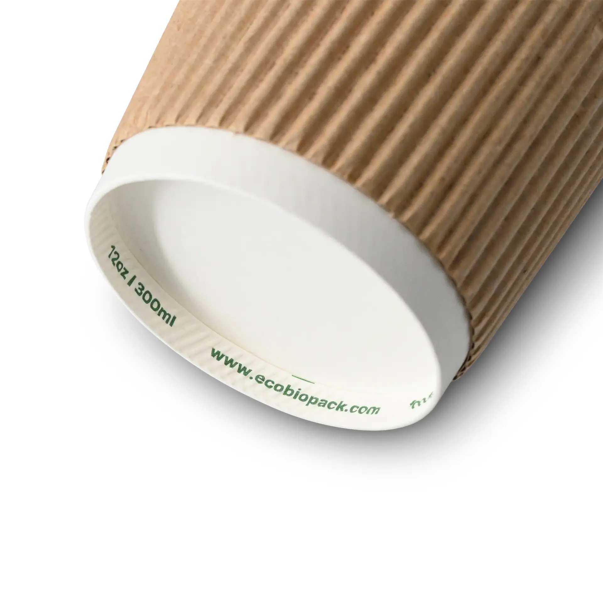 One 12 oz triple-walled brown paper coffee cup with a white interior, featuring a ribbed texture and PLA coating.
