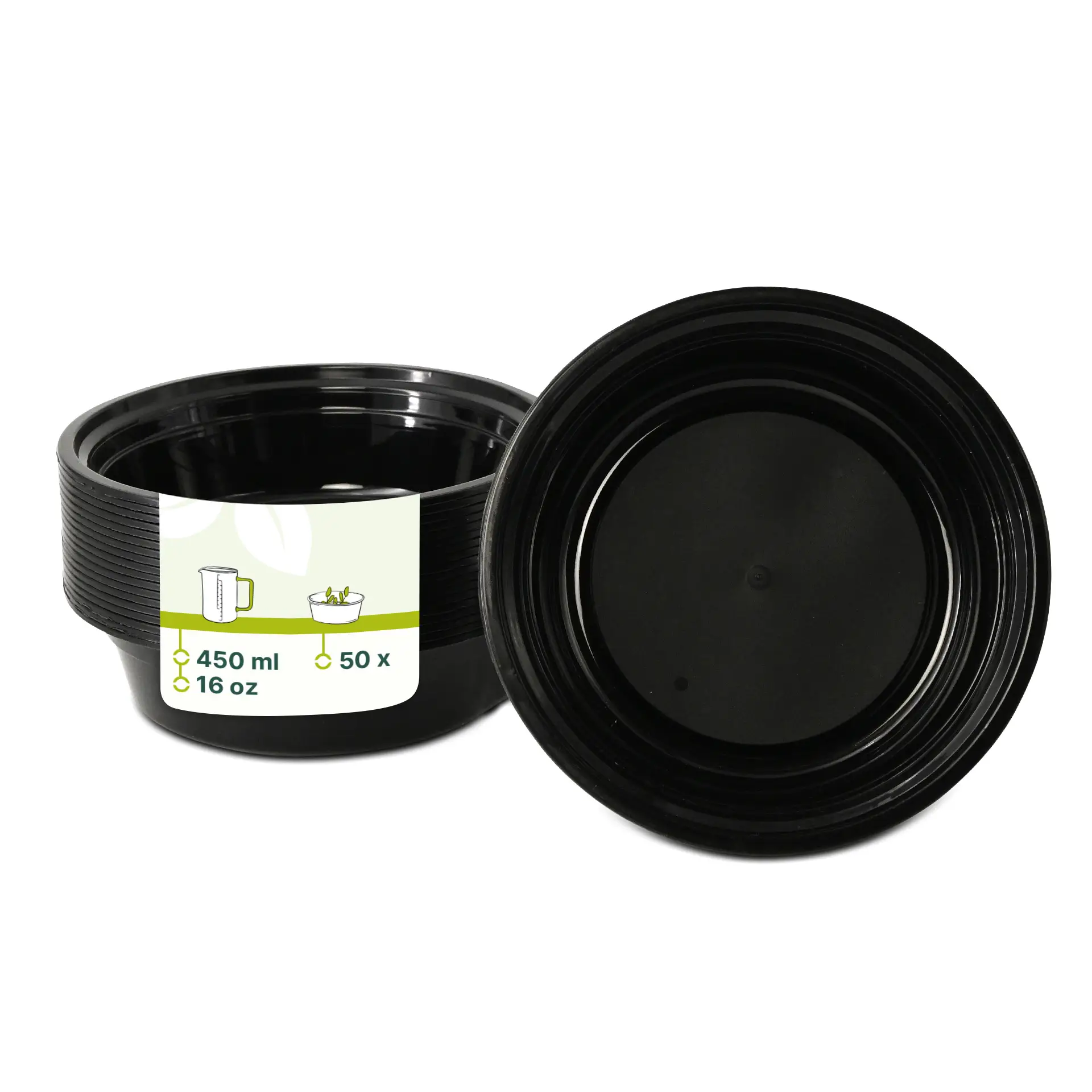 Reusable 450 ml black plate made of PP; round design; suitable for hot and cold dishes; dishwasher and microwave safe.