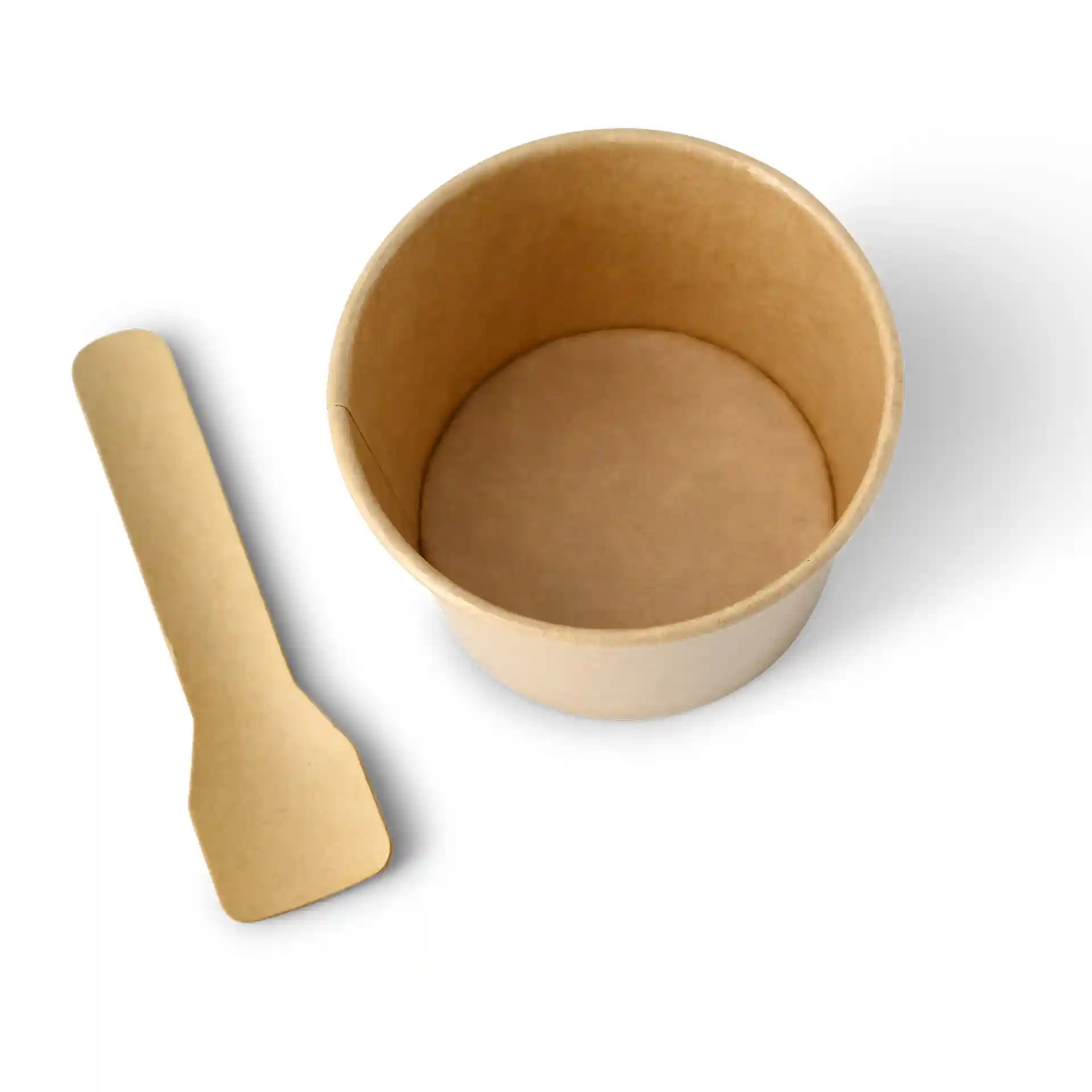 Brown cardboard ice cream cup with a diameter of 76 mm and a wooden spoon beside it.