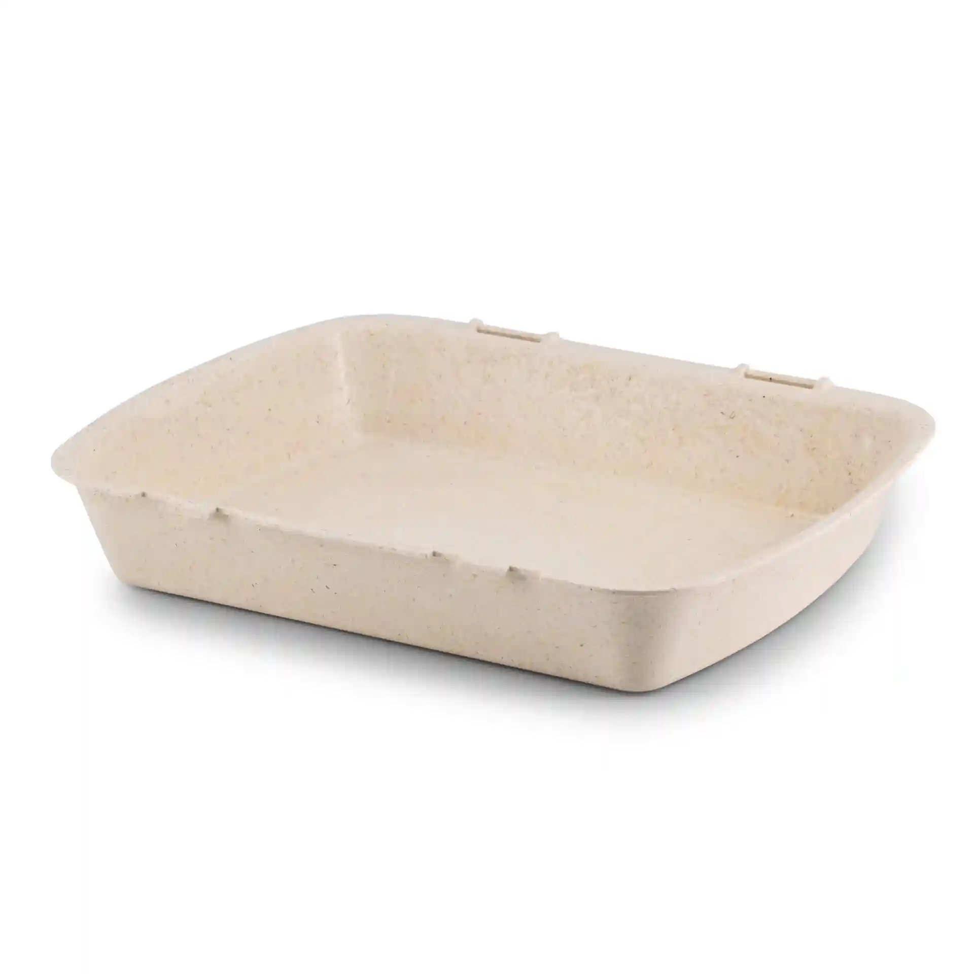 Rectangular reusable menu container in creamy white, measuring 24.5 x 20 x 4.5 cm, made from bio compound material.
