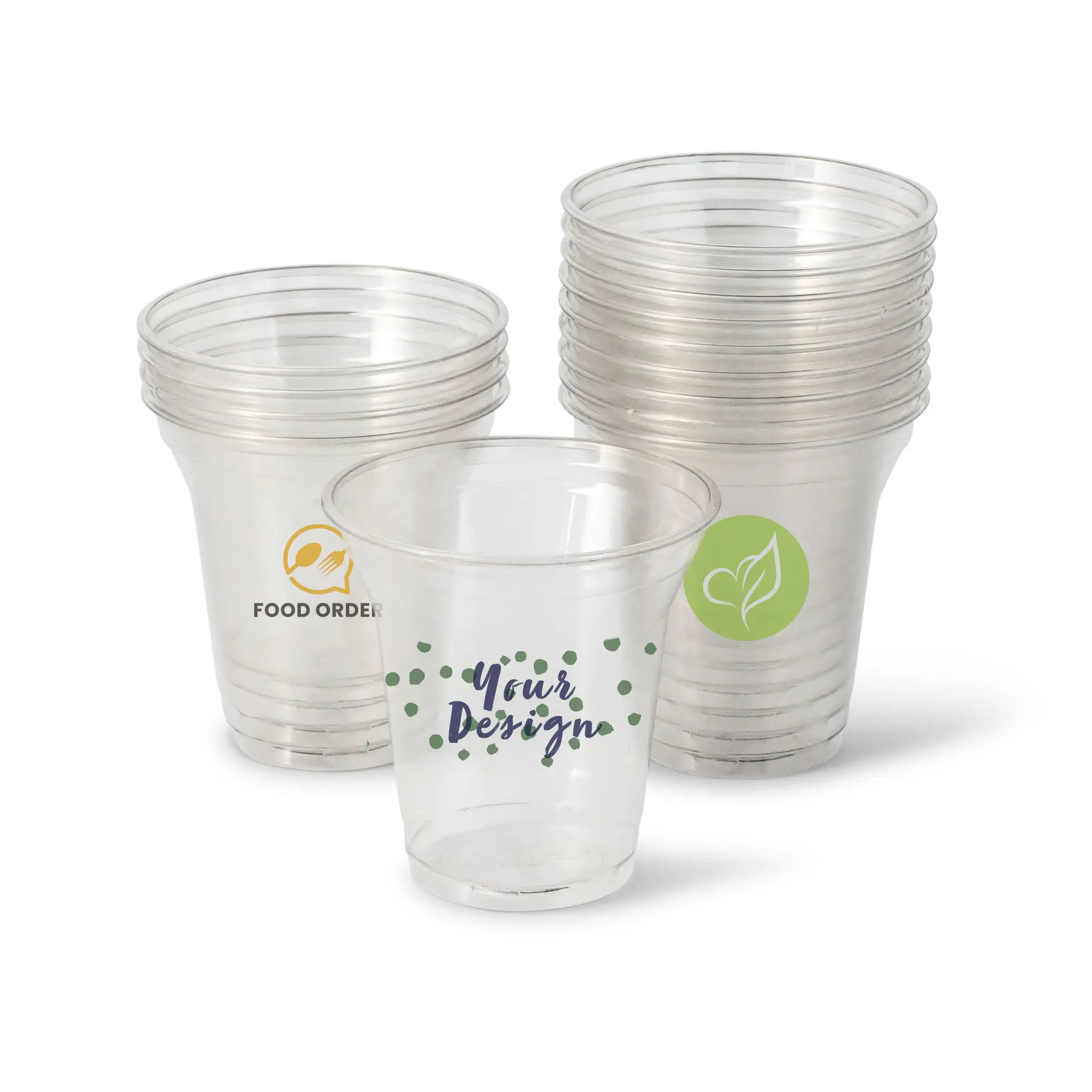 One clear rPET cup with a custom design; stacked cups in the background showing additional clear cups with logos.