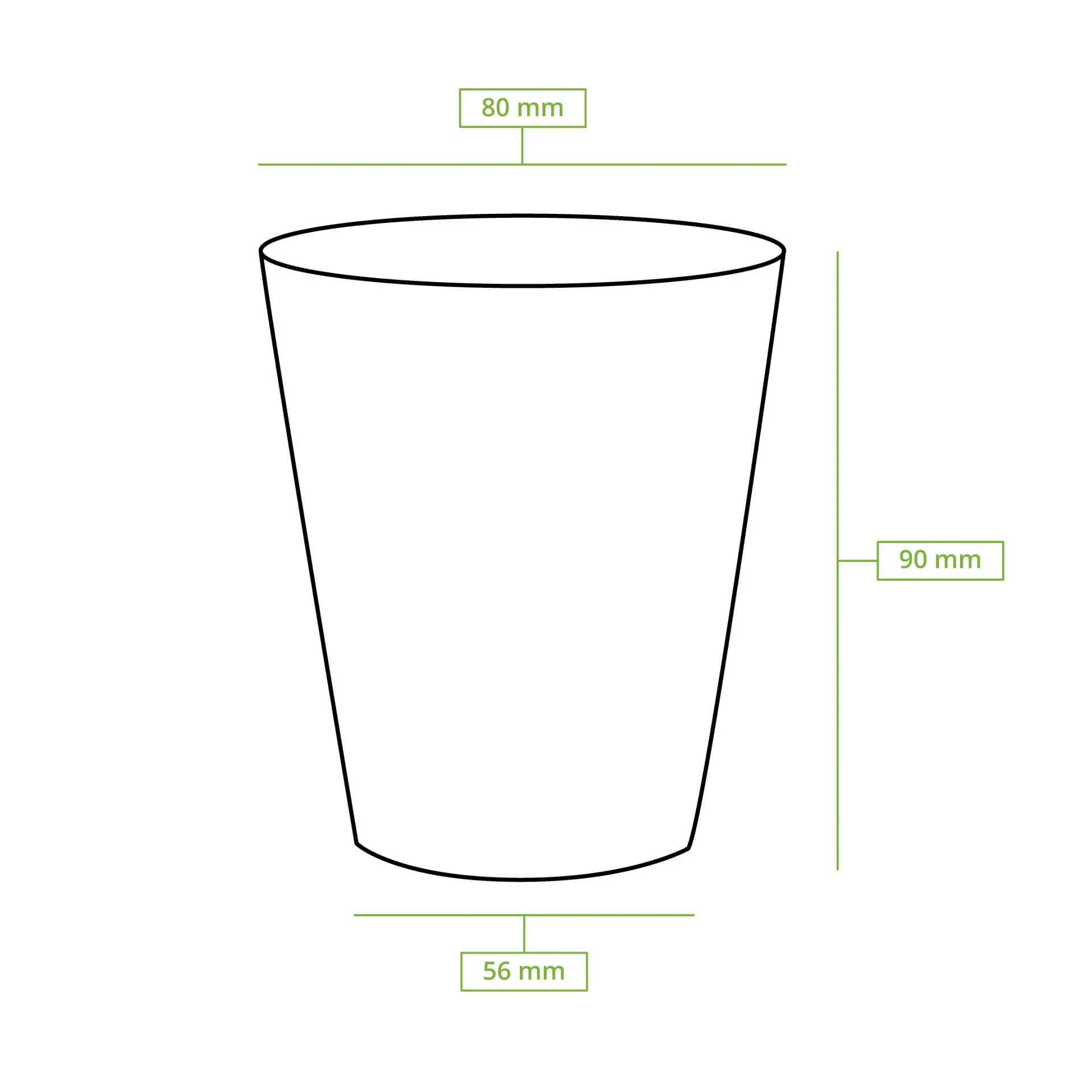 Schematic drawing of a paper cup with dimensions: height 90 mm, top diameter 80 mm, bottom diameter 56 mm.