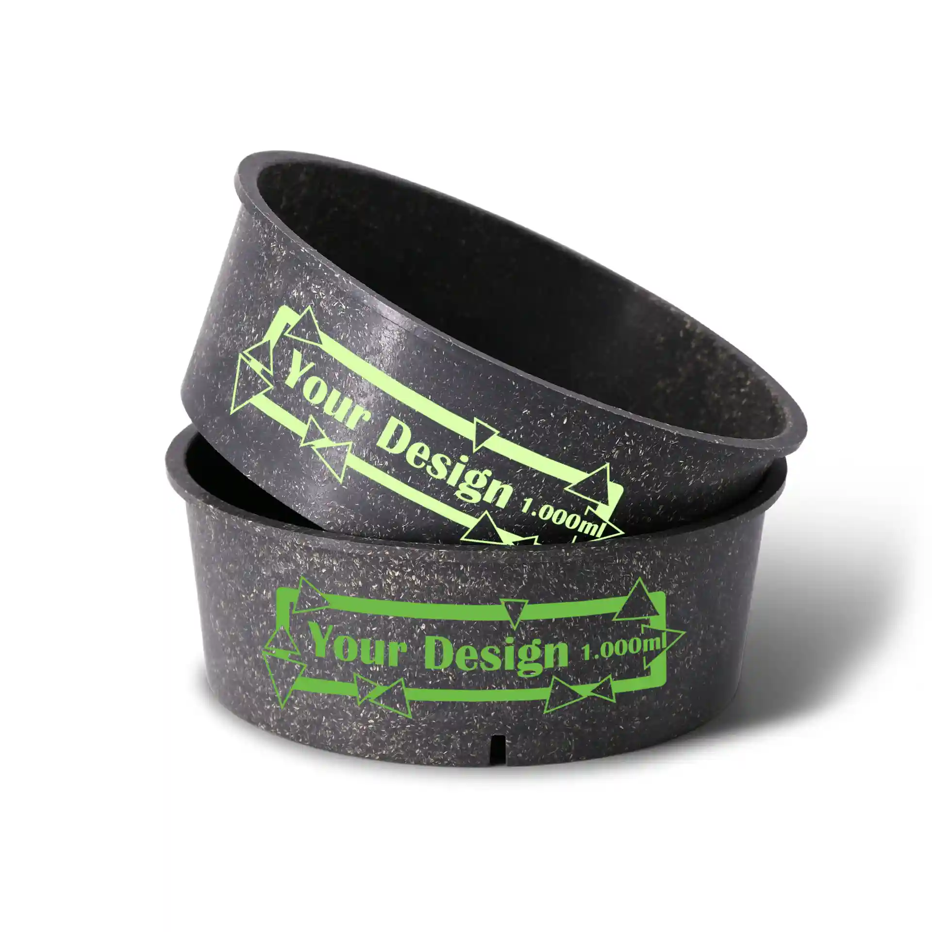 Round grey reusable bowl with a printed design, 1000 ml capacity, stacked with another bowl.
