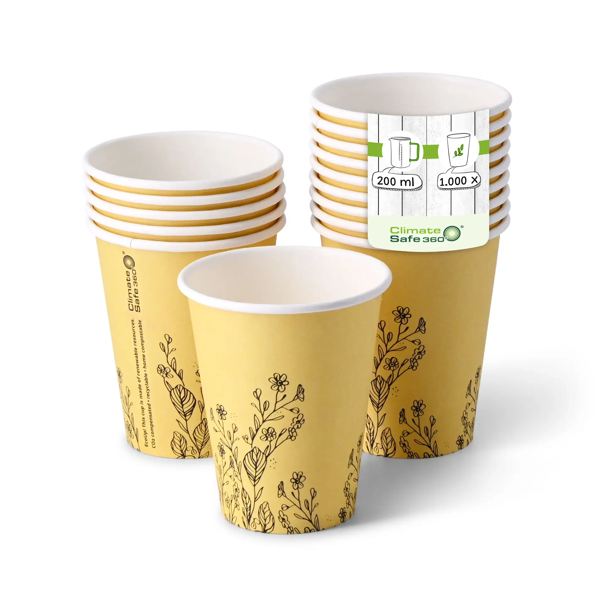8 oz Paper cups spring 'Flowers' single wall, Ø 80 mm, yellow dhd04110-pappbecher-fruehling-blumen-200-ml-8-oz-80-mm-gelb