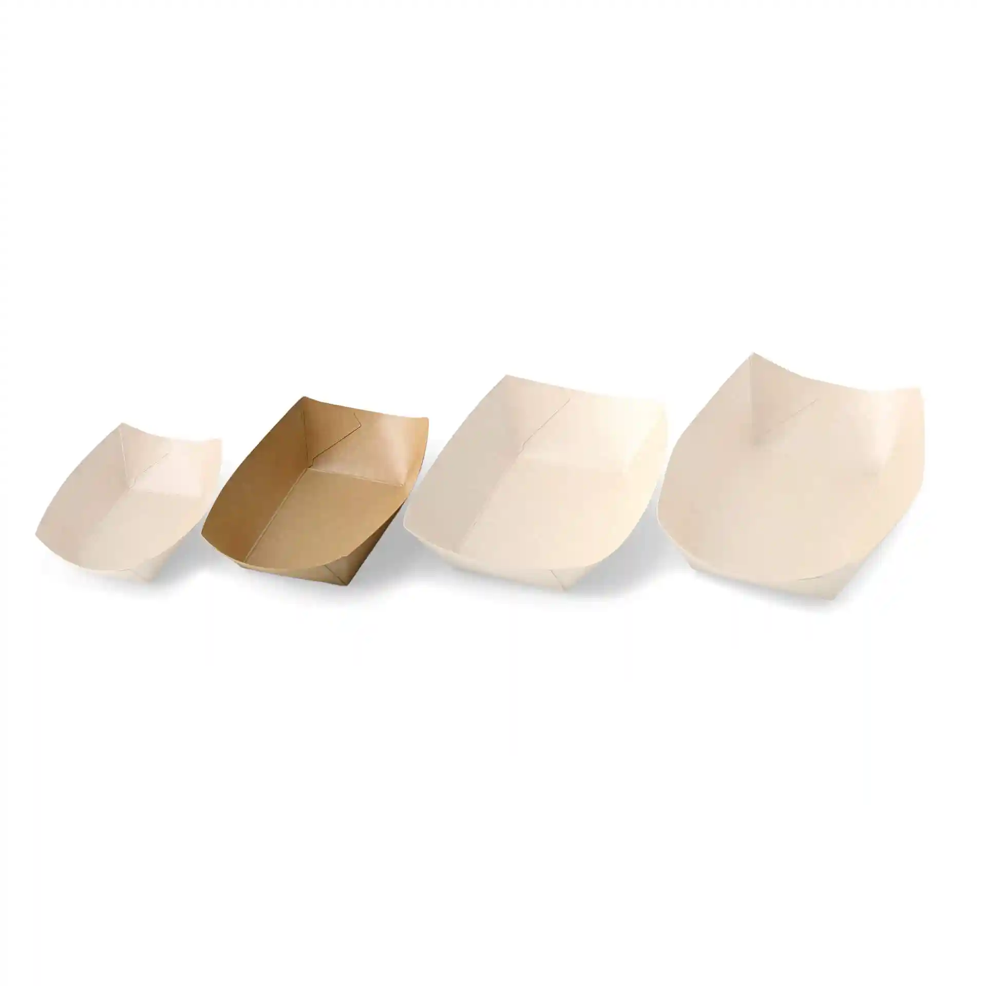 Image of four cardboard snack trays in varying sizes, two in brown and two in beige, arranged from smallest to largest.