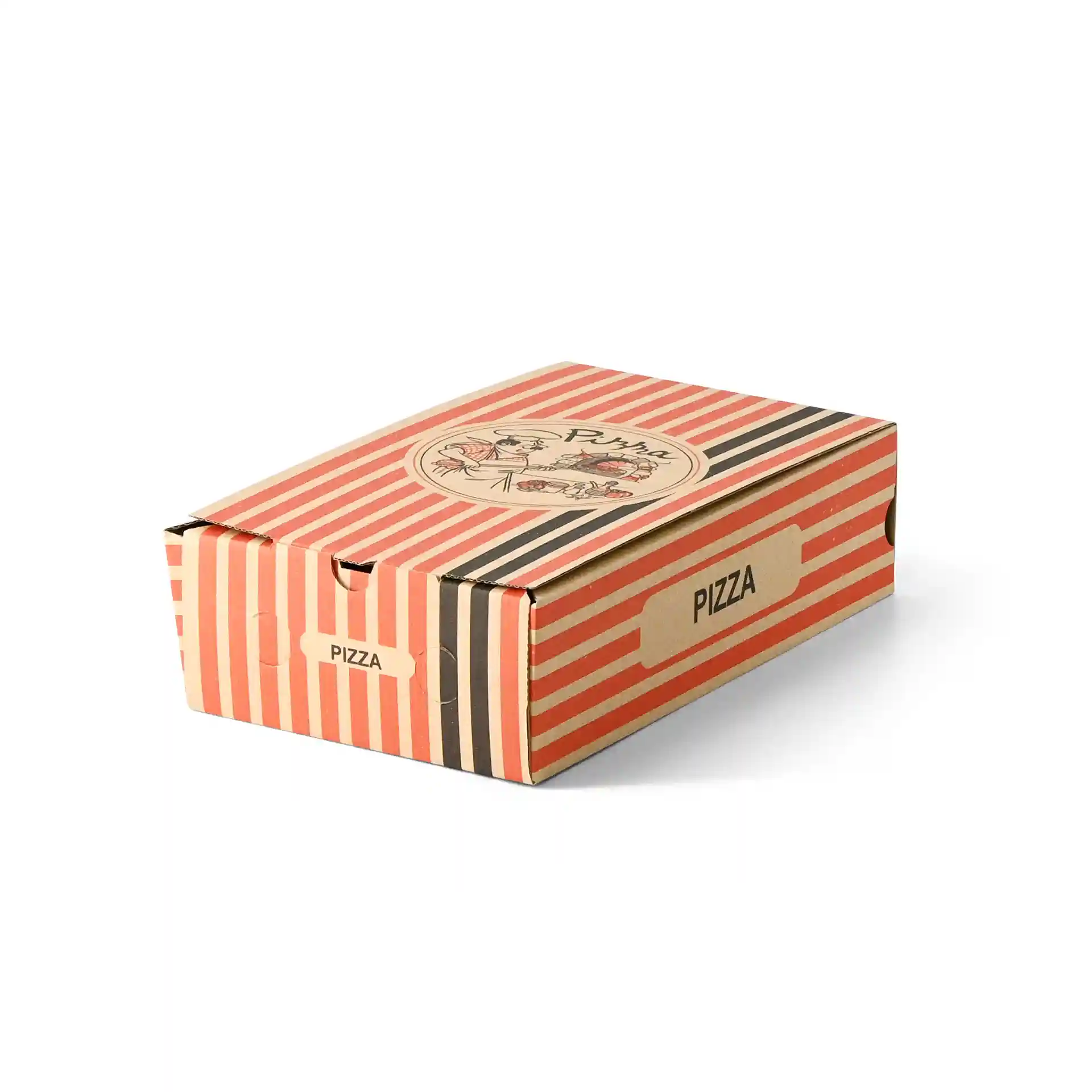Cardboard pizza box with a brown pizza chef design, featuring red and black stripes, measuring 27 x 16 x 7 cm.