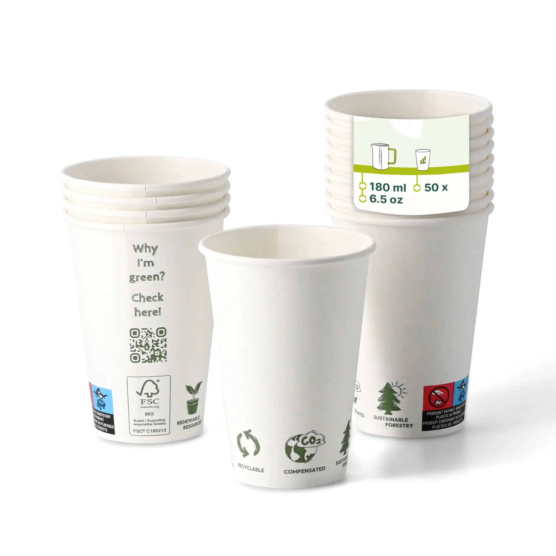 Vending Cup "EcoUp©" Icons, 180 ml / 7.5 oz, Ø 70 mm, single wall, white, PLA-coated