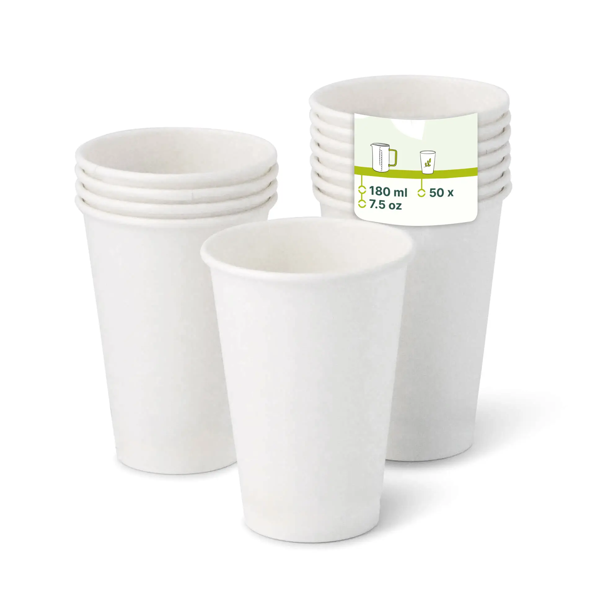 White single wall vending cups stacked, with one cup in front showing a label indicating 180 ml capacity and 50 count.