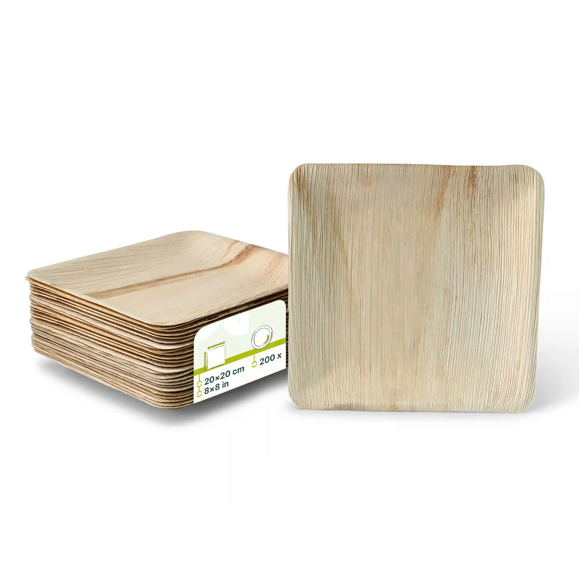 Stack of square palm leaf plates, 20 x 20 cm, with a natural grain finish, showing one plate upright.