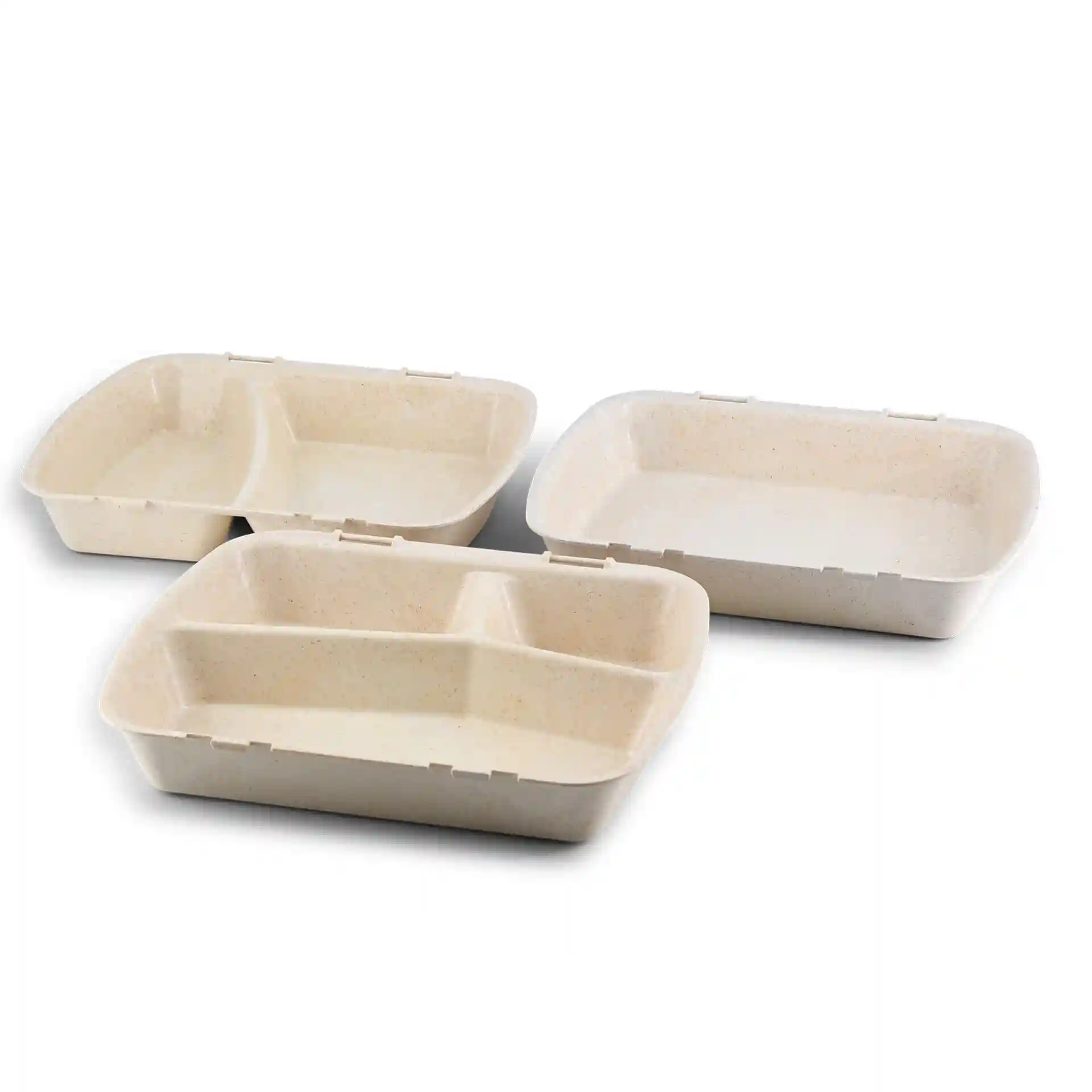 Three reusable meal containers with three compartments, in a creamy white color, made from bio compound material.