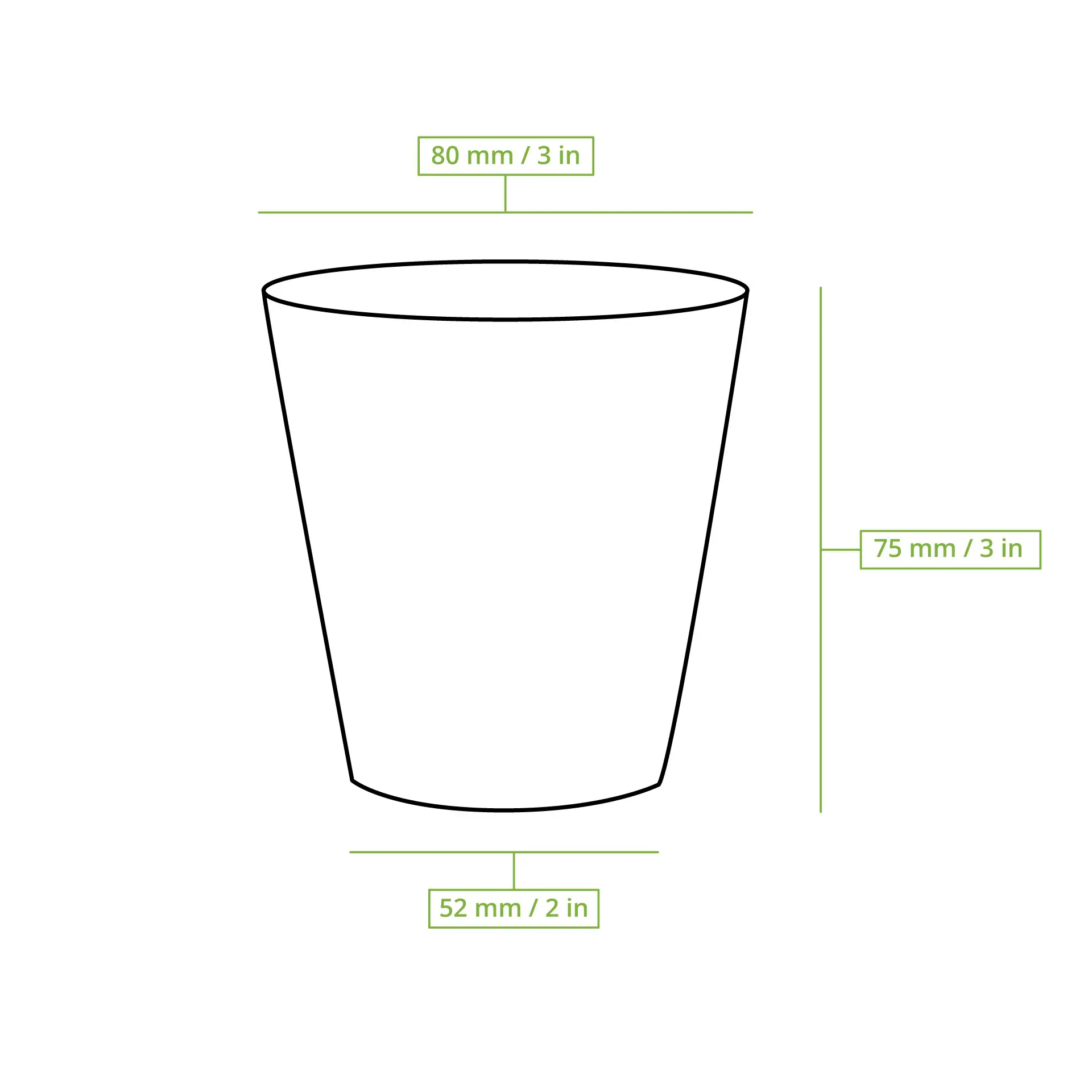One illustrated cup with measurements: 80 mm diameter at the top, 75 mm height, 52 mm diameter at the base.