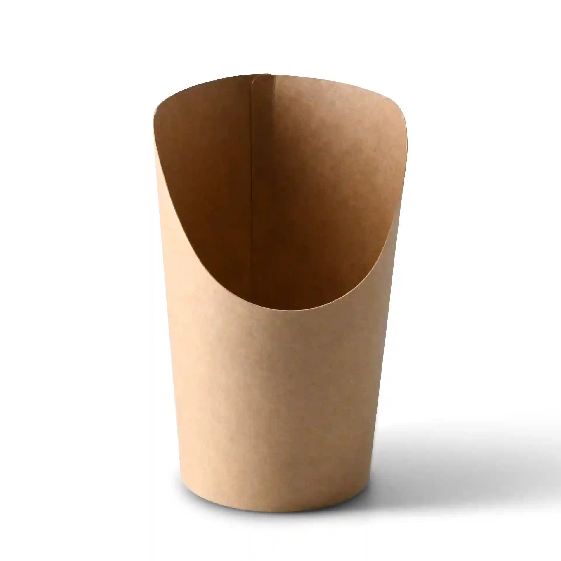 Brown cardboard wrap cup with an eco-friendly coating, 300 ml capacity, deep design, and dimensions of 120 mm height and 80 mm top diameter.