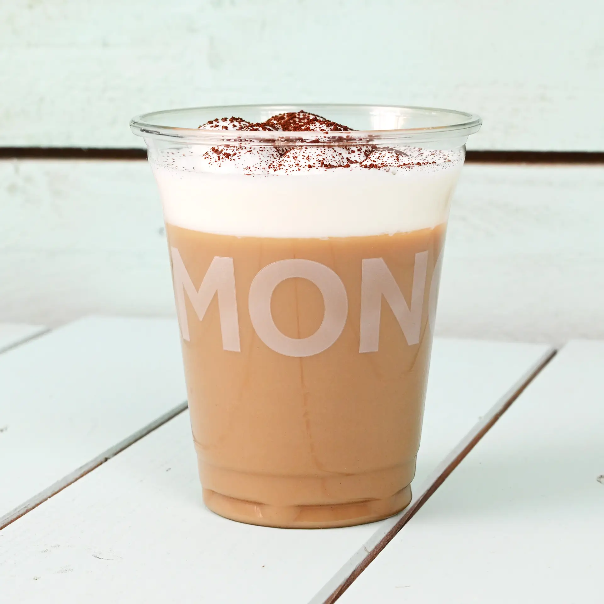 Clear PLA cup filled with iced coffee topped with foam and cocoa powder, with large printed letters.