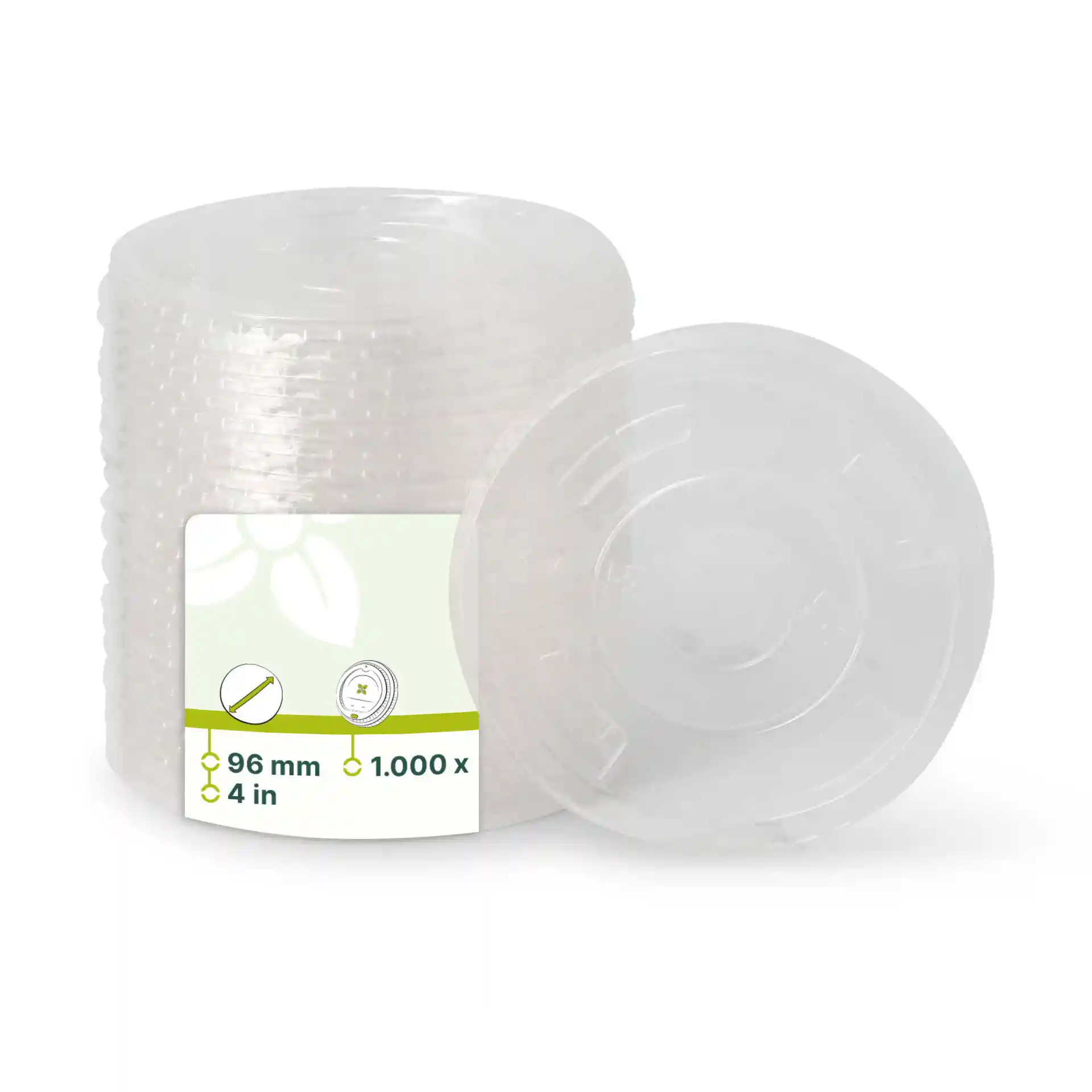 Transparent PLA flat lid with a diameter of 96 mm, shown stacked with one lid on top.