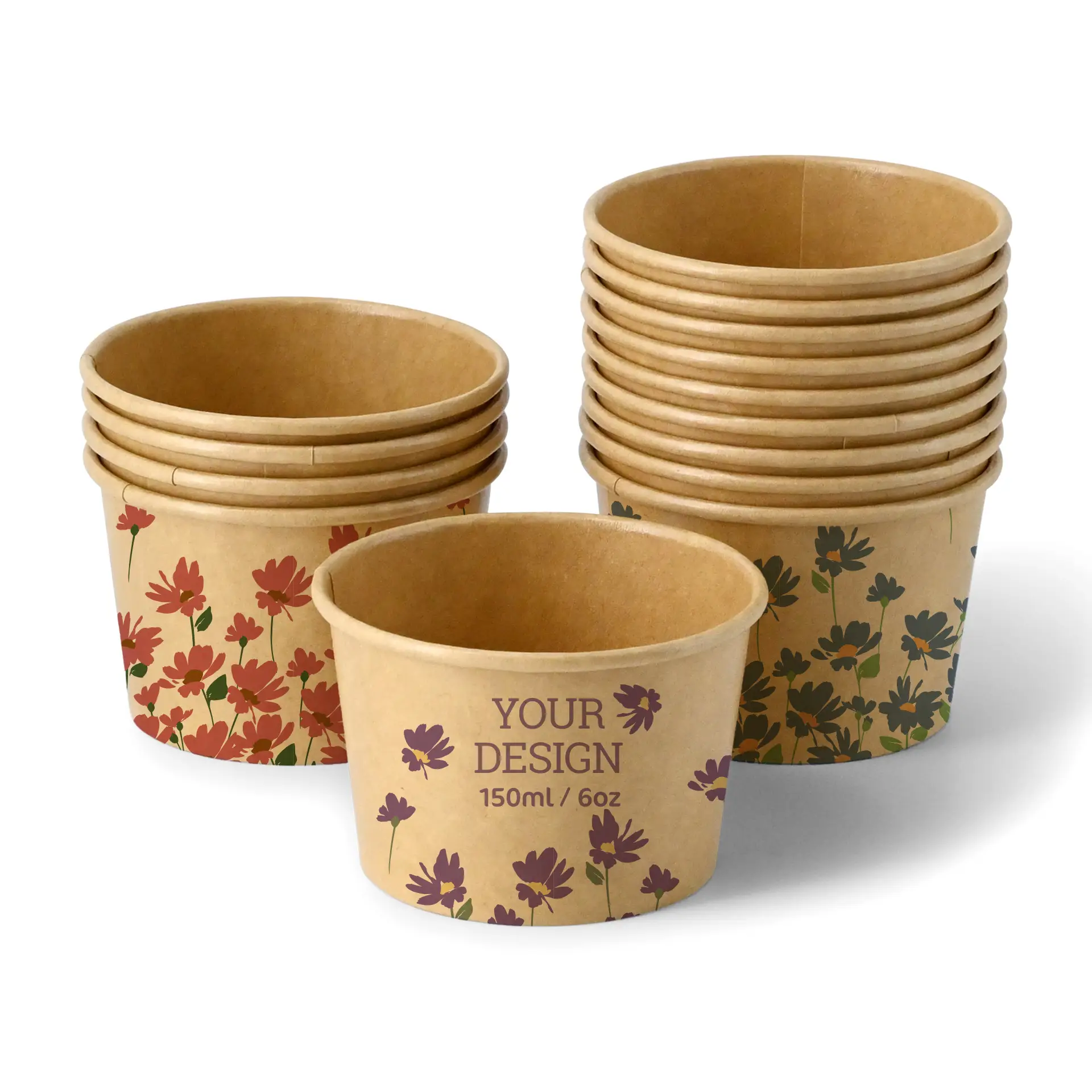 Custom-printed brown ice cream cup with logo design; suitable for cafés and events, 150 ml capacity.