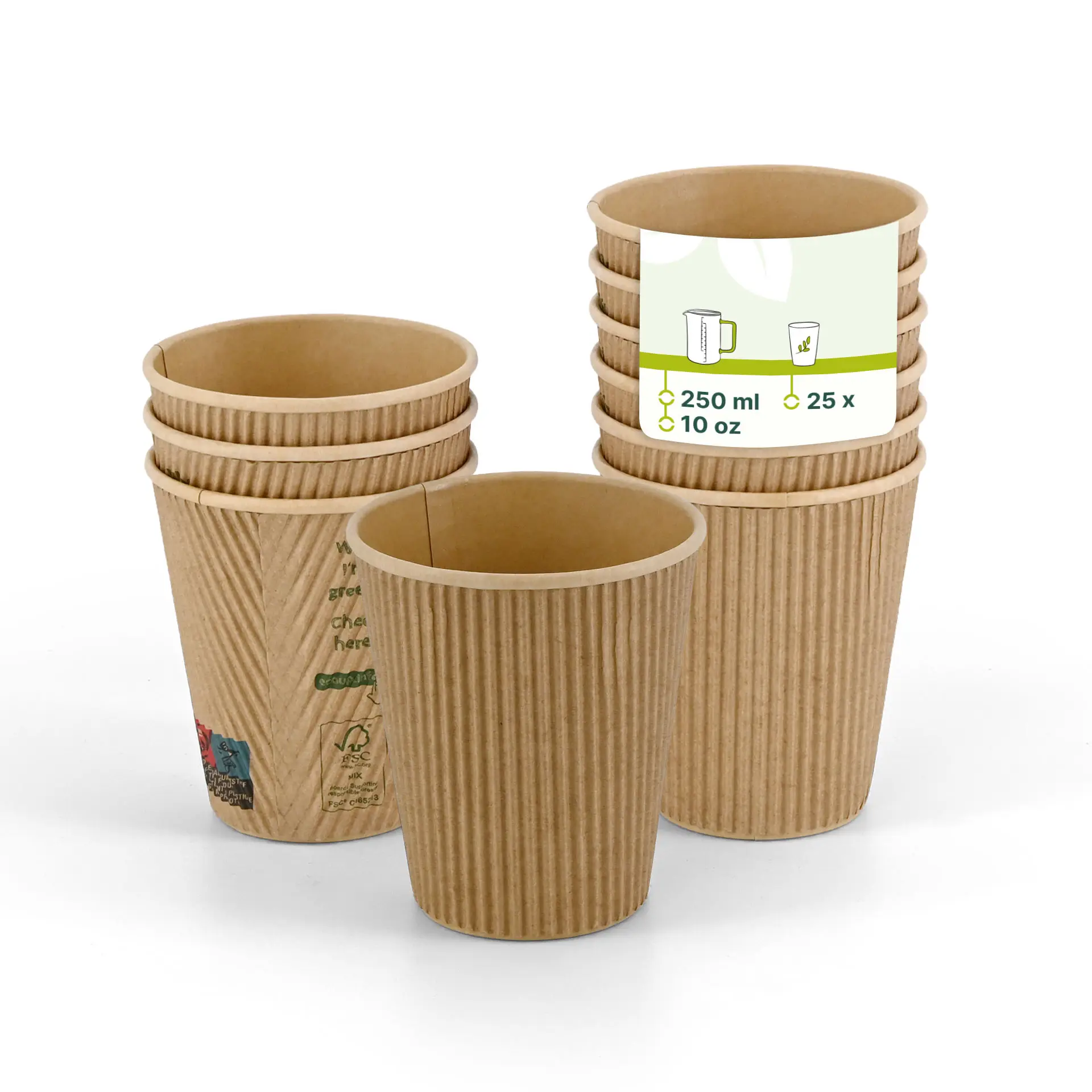 Triple-walled brown disposable coffee cups with ribbed texture, designed for hot drinks, stacked with a label.