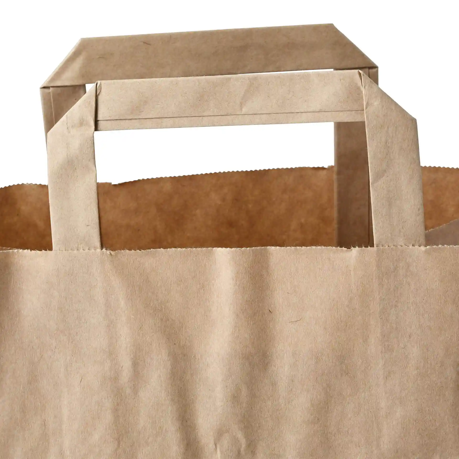 Brown paper carrier bag with a rectangular handle, showing the top and part of the body.
