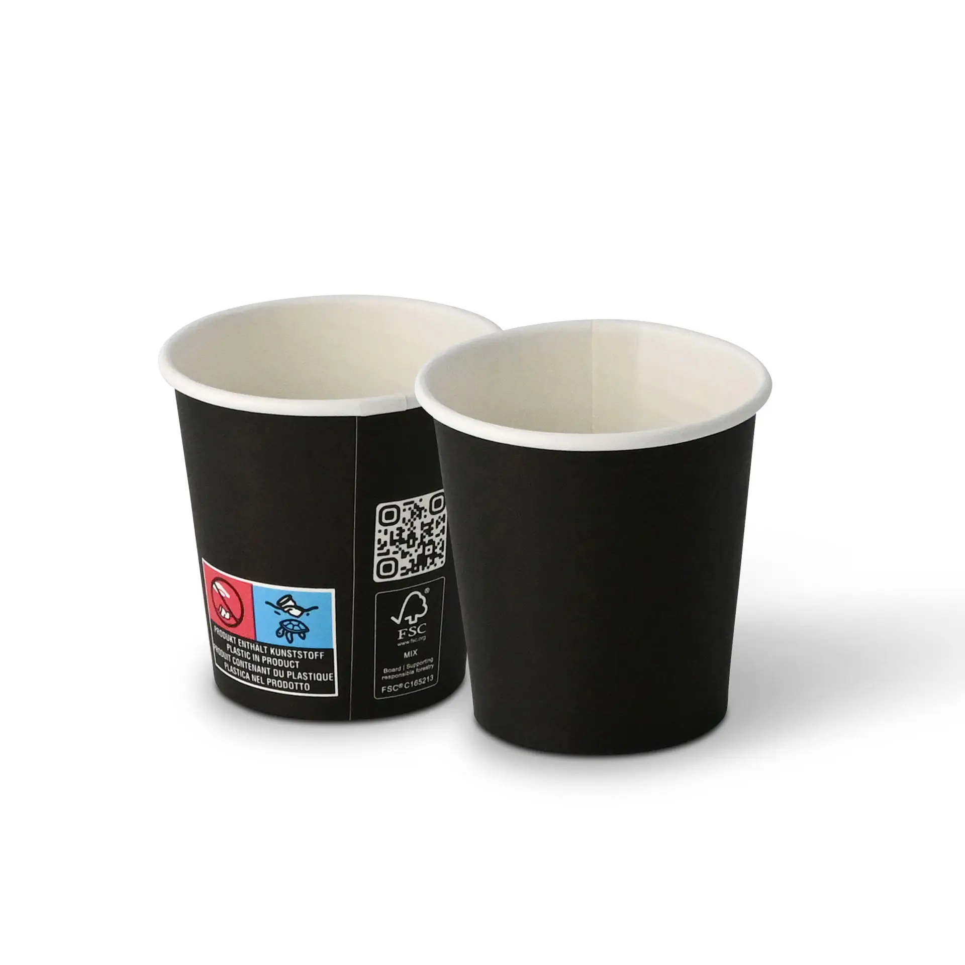 Black paper cups with a single wall, 100 ml capacity, and a diameter of 62 mm, showing interior and exterior views.