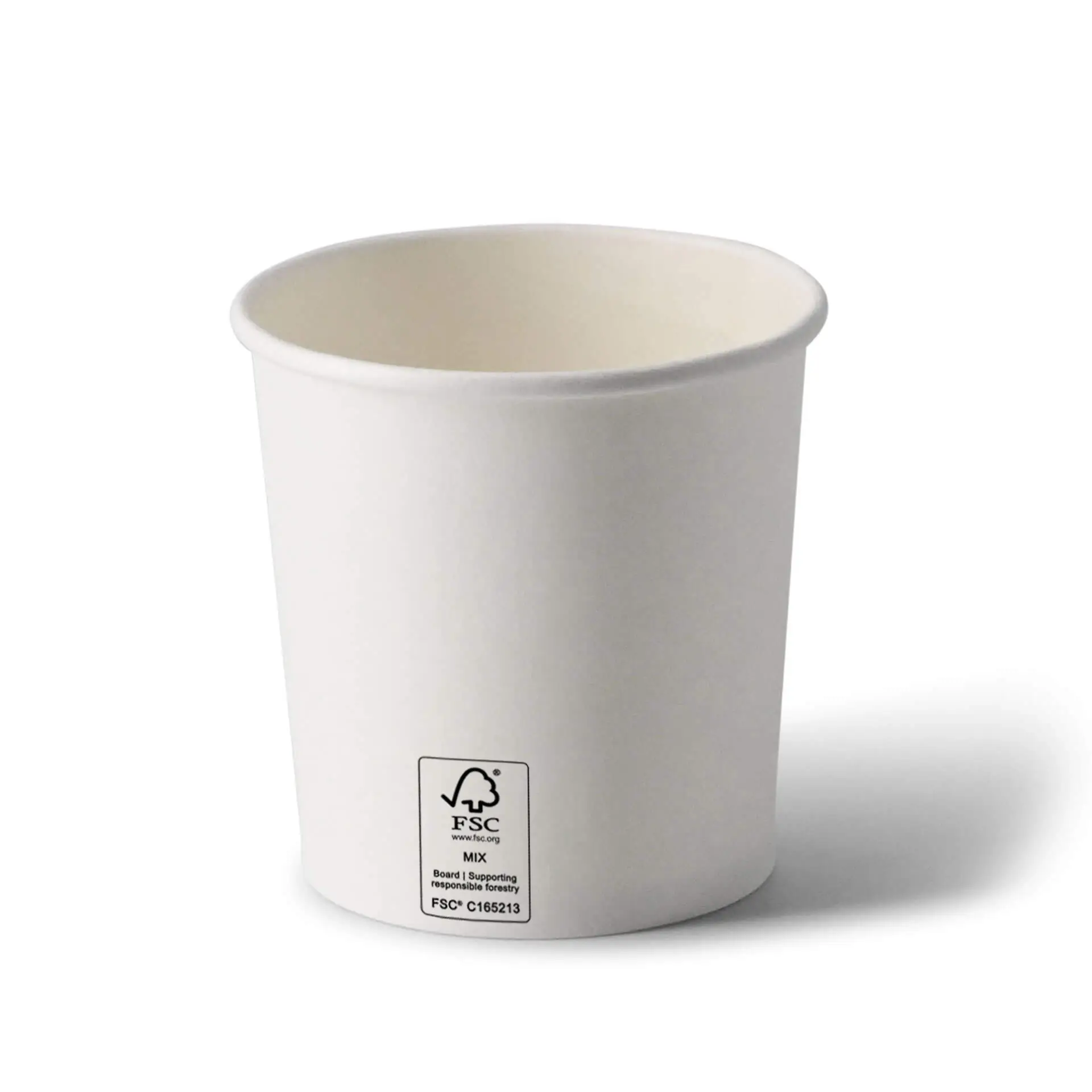 White paperboard soup container, 12 oz, round shape, with a coating, showing a label on the bottom.