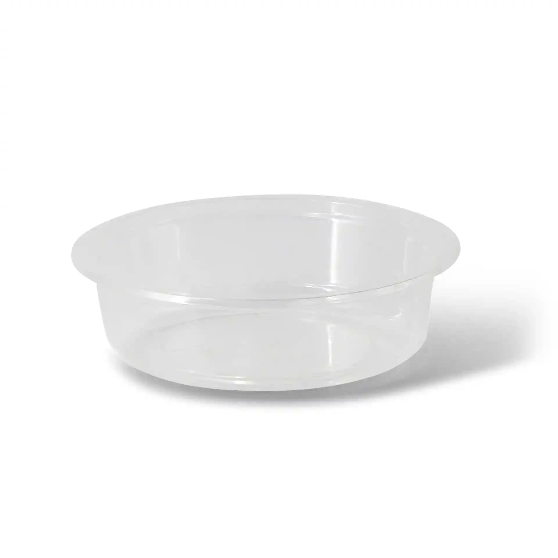 Transparent round deli container with a diameter of 120 mm and a height of 34 mm.