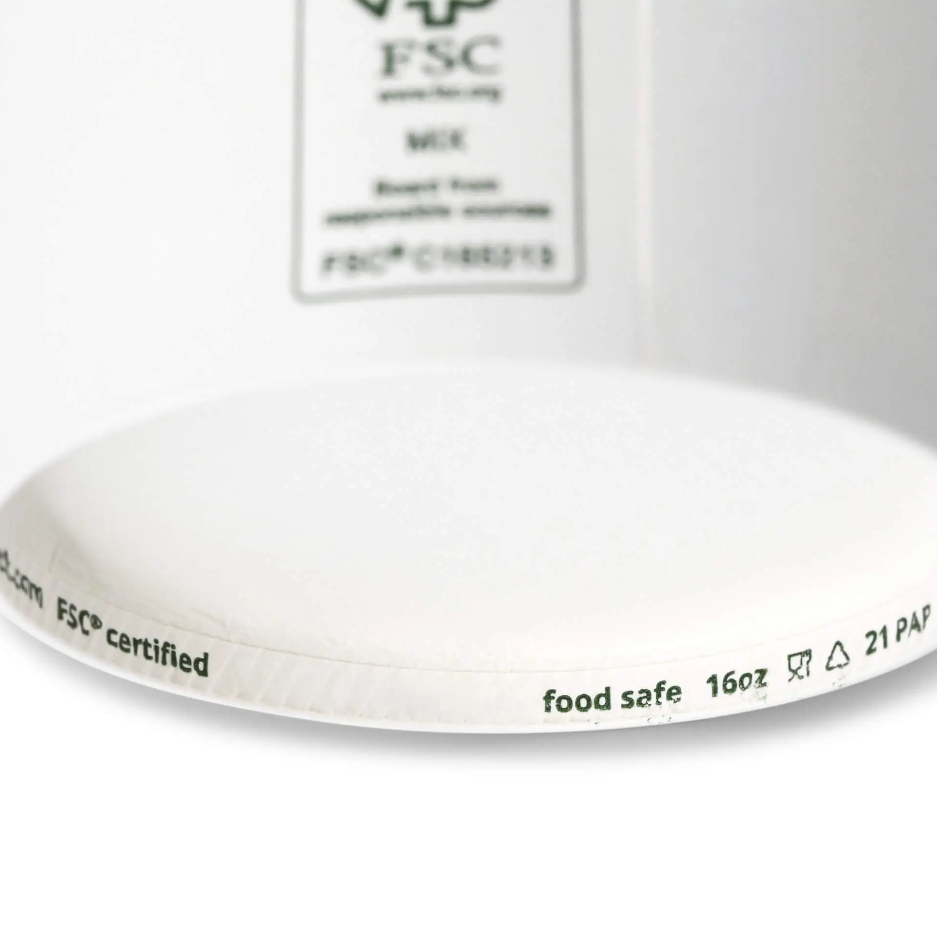 White paper ice cream cup with a diameter of 92 mm and markings indicating food safety and capacity.