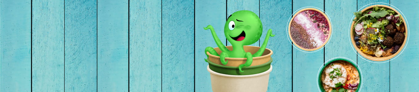 Alt text: Cartoon character with a green, smiling face sitting in a beige takeout bowl; three food dishes displayed alongside on a wooden blue background.