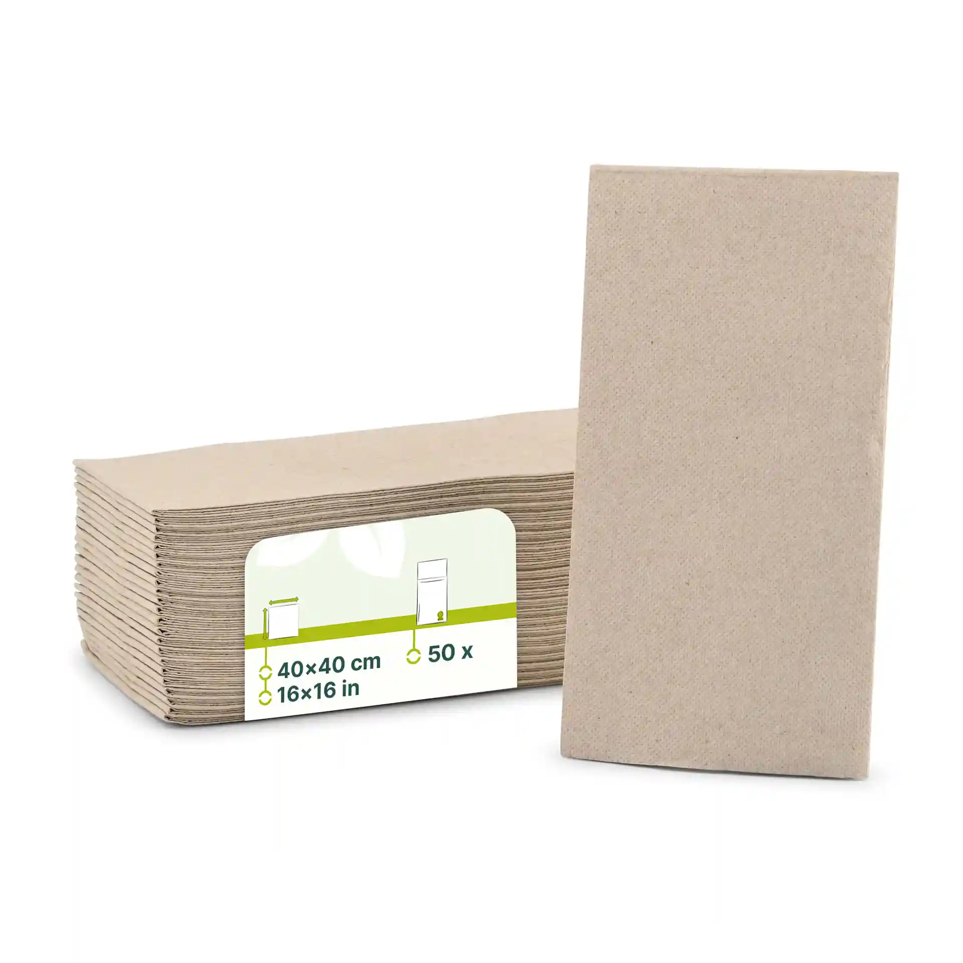 Stack of unbleached 2-ply paper napkins, 40 x 40 cm, with a rectangular shape and a label showing product details.