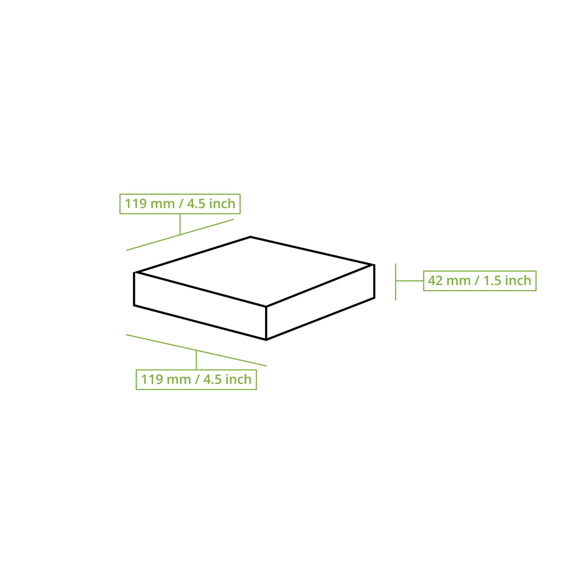 Schematic drawing of a rectangular box with dimensions labeled: 120 mm length, 120 mm width, and 43 mm height.