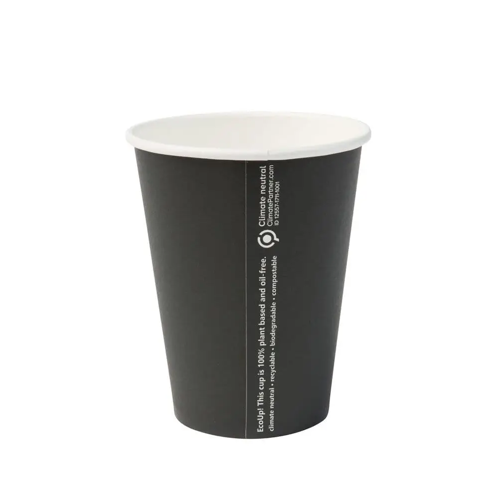 Single-wall black paper cup, 300 ml, PLA-coated for hot and cold beverages, designed for eco-friendly takeaway use.