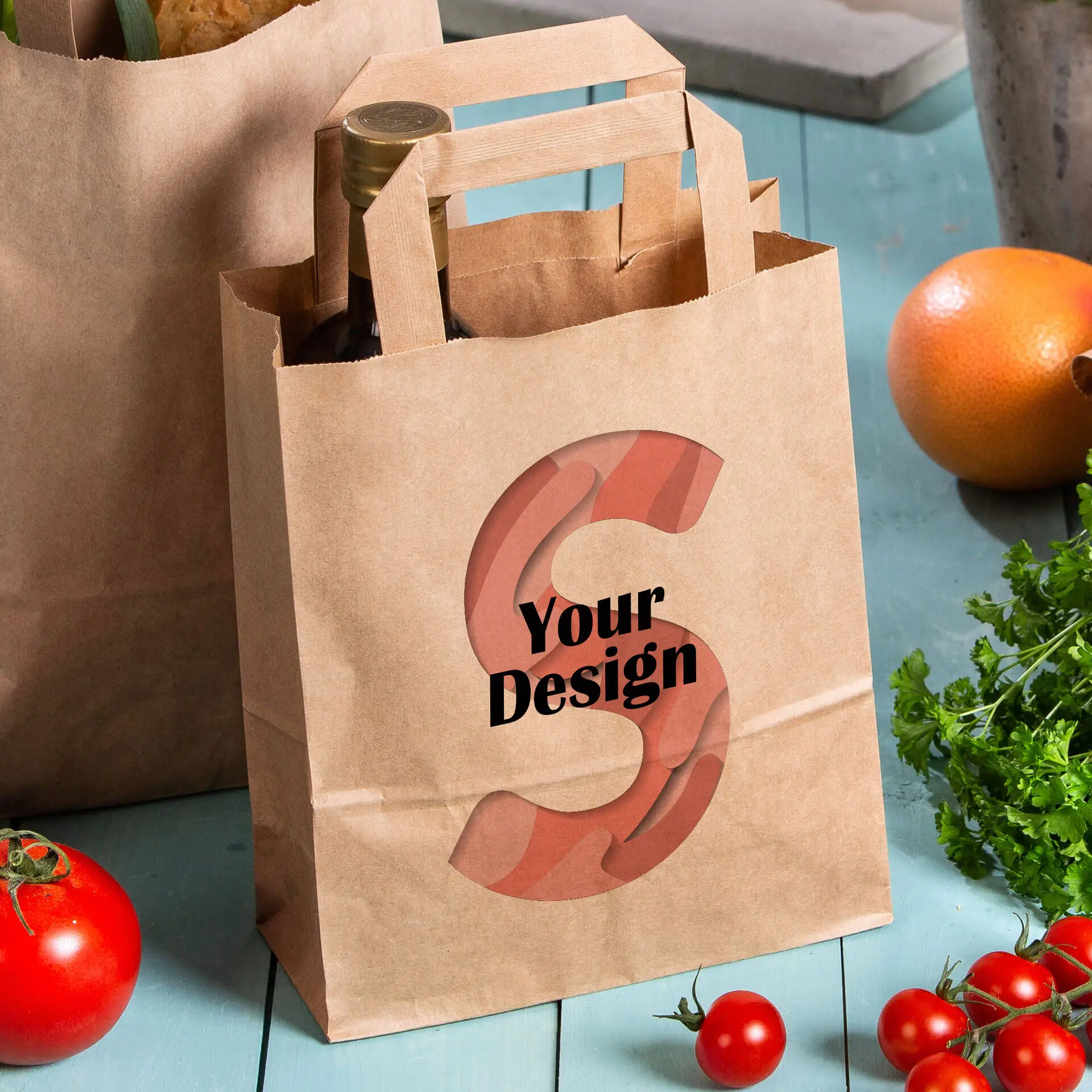 Brown paper carrier bag with a rectangular shape, featuring a design with the letter 'S' and the text 'Your Design'.