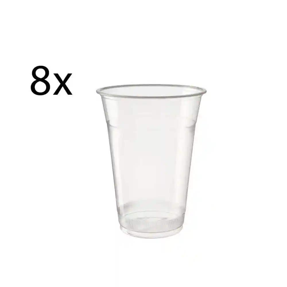 Clear plastic cup with a tapered design, shown with the number 8 beside it.