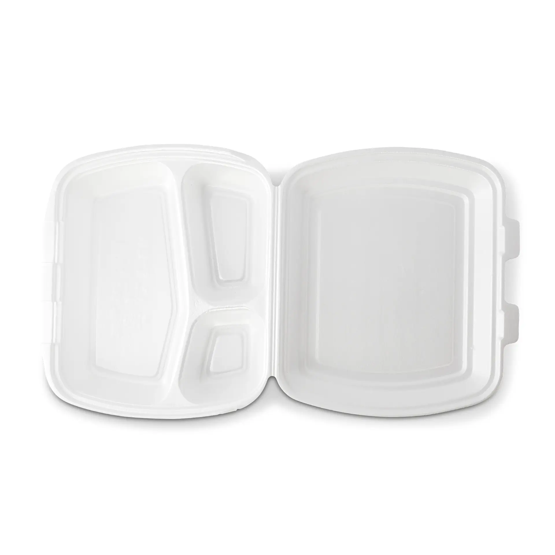 White takeout container with three compartments, designed for food storage or serving.