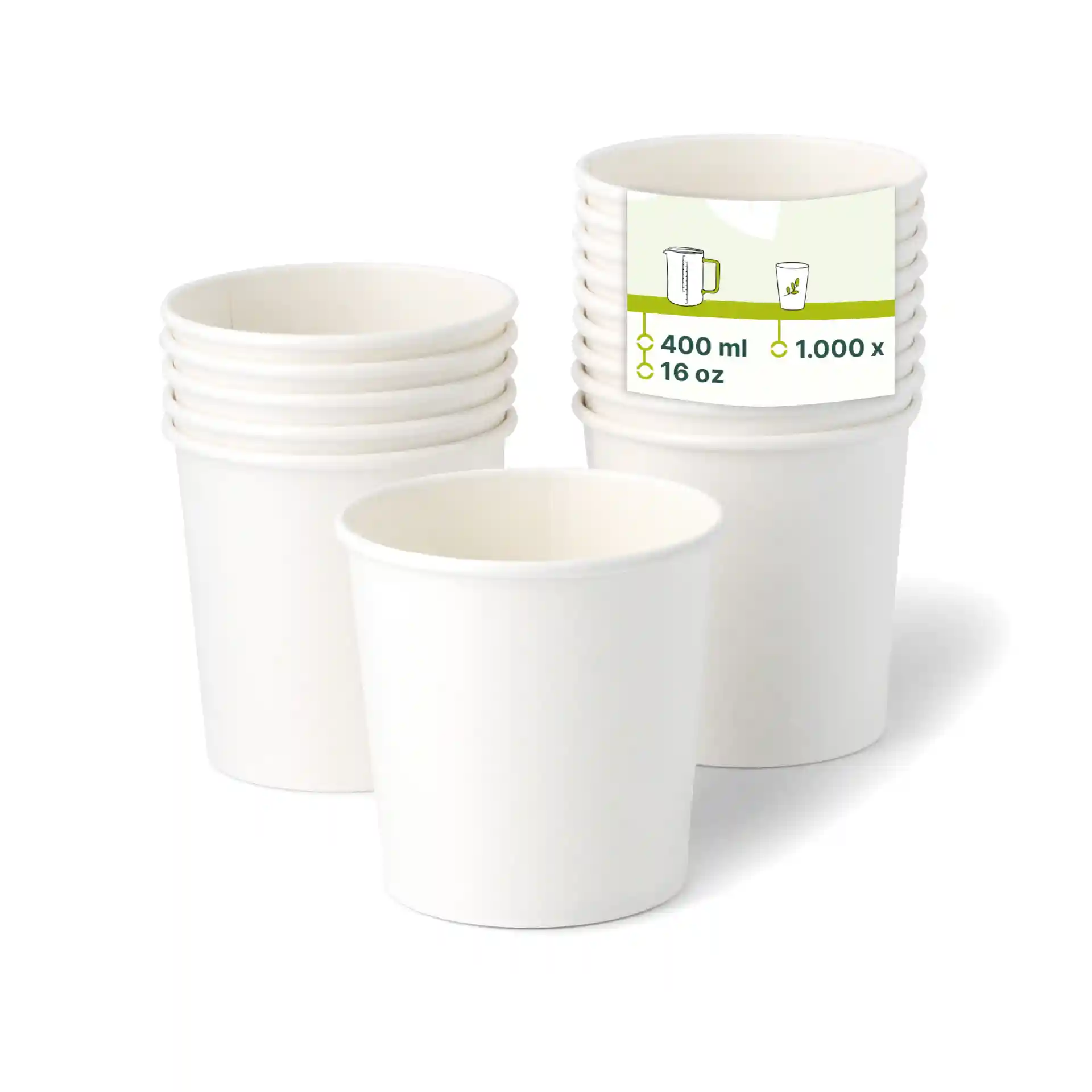 Stack of white paper ice cream tubs with one tub in front, showing a label with volume details.