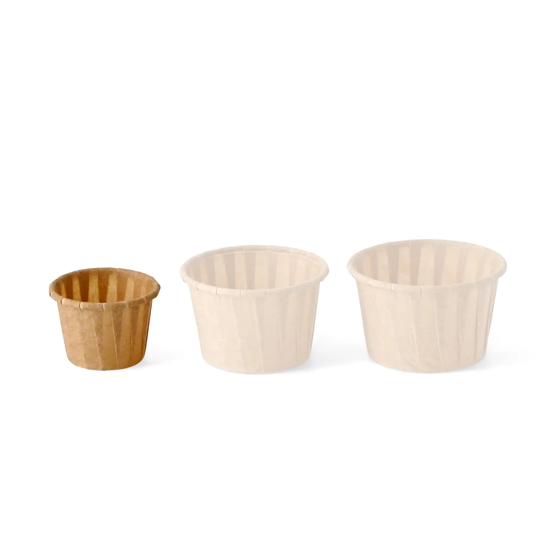 Three paper cups in varying sizes: a small brown cup and two white cups. Suitable for sauces and dips.