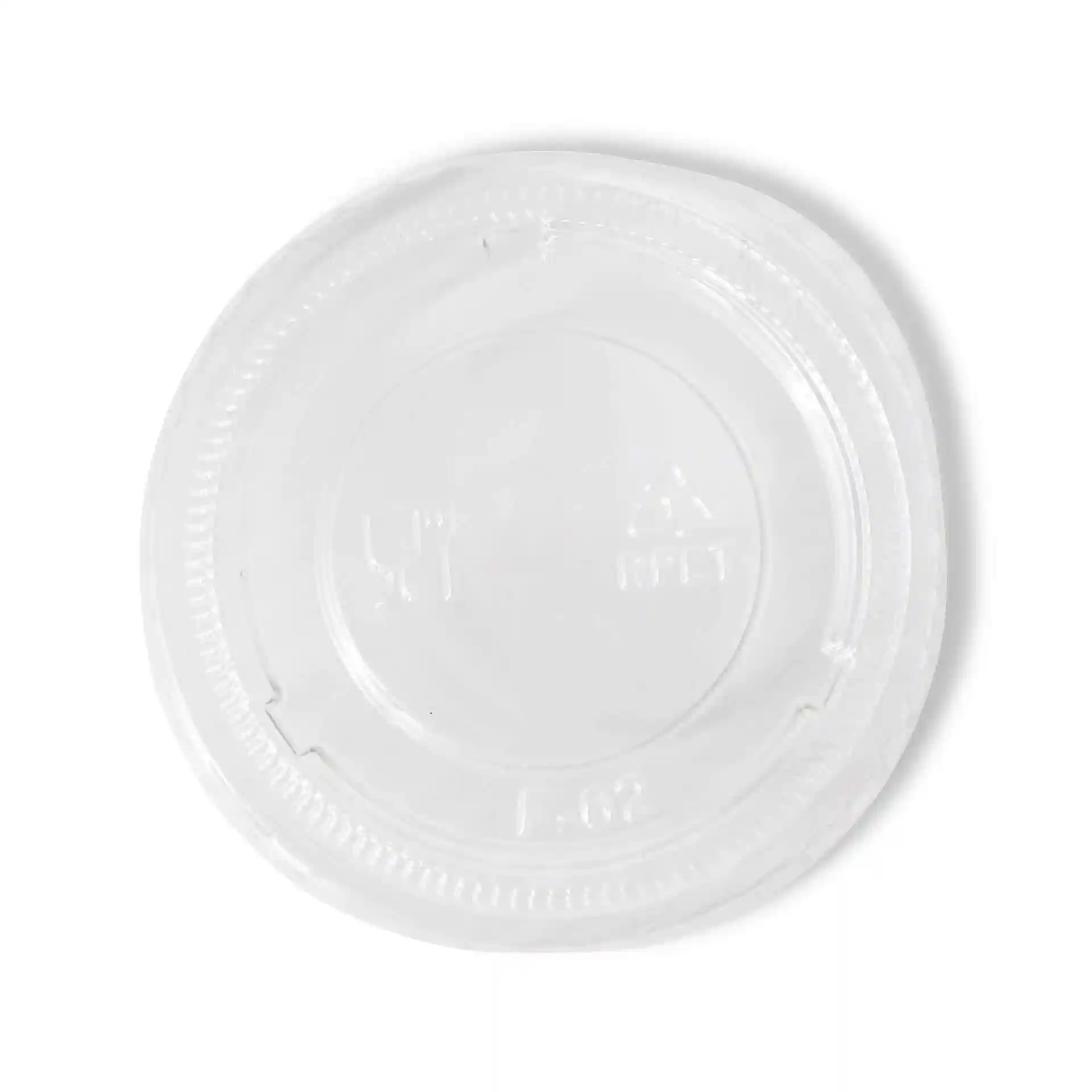 Transparent rPET lid with a diameter of 62 mm and a height of 7 mm.