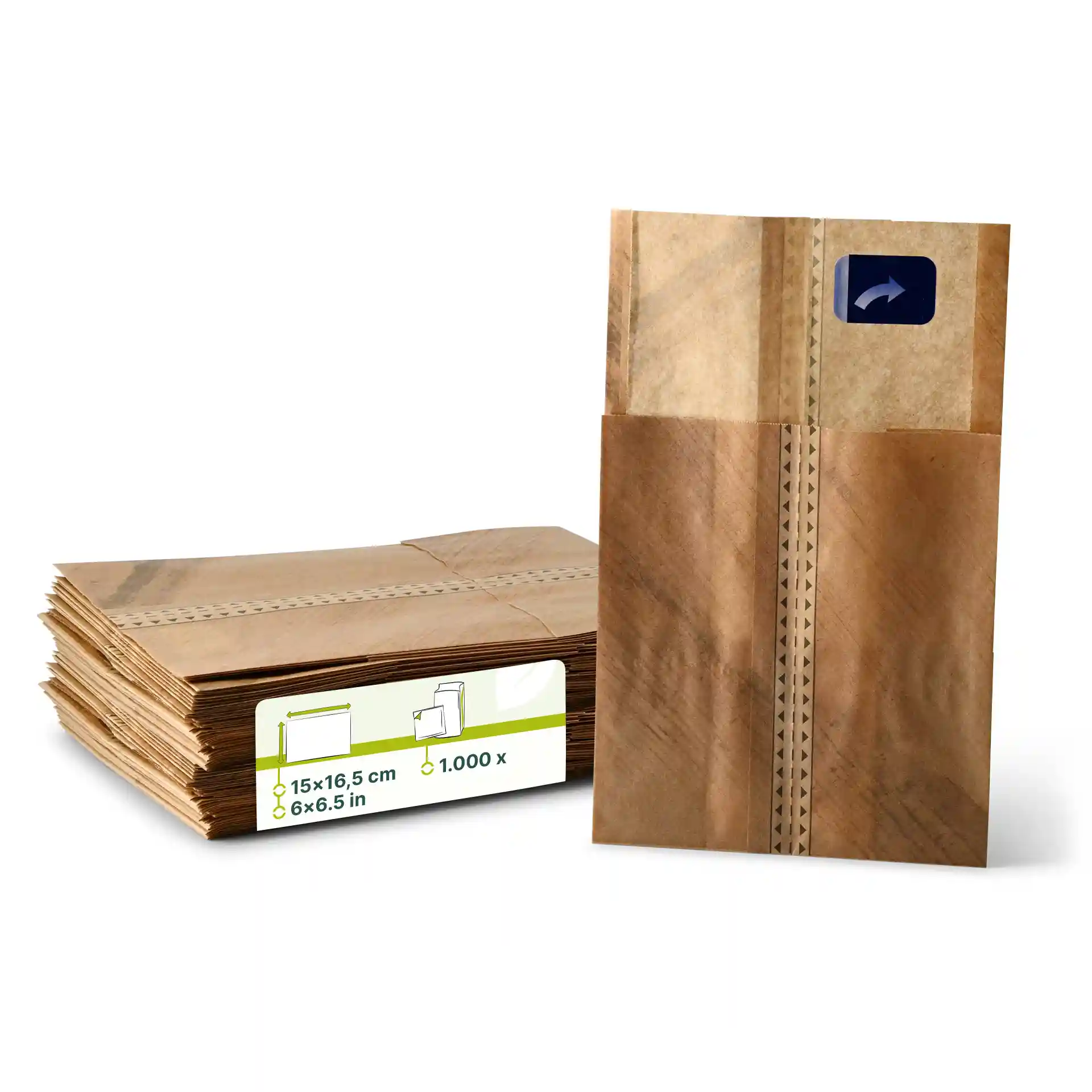 Stack of kraft paper burger bags with adhesive seal, one bag upright showing printed design and dimensions.