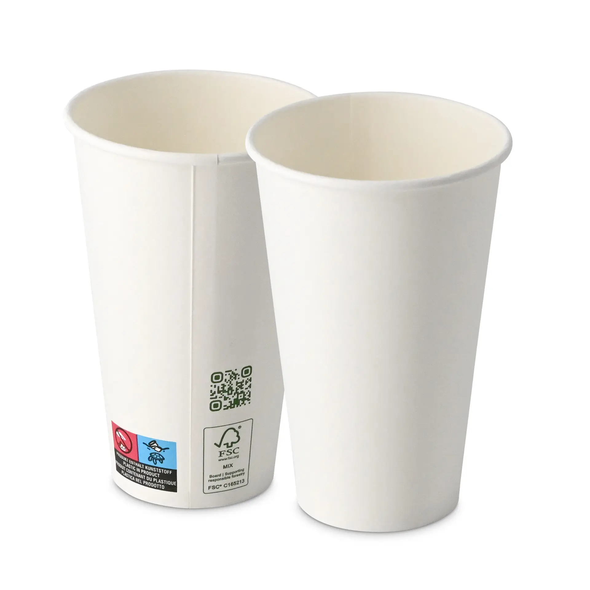 One white paper cup with a green printed label displaying a QR code; another similar cup behind it.