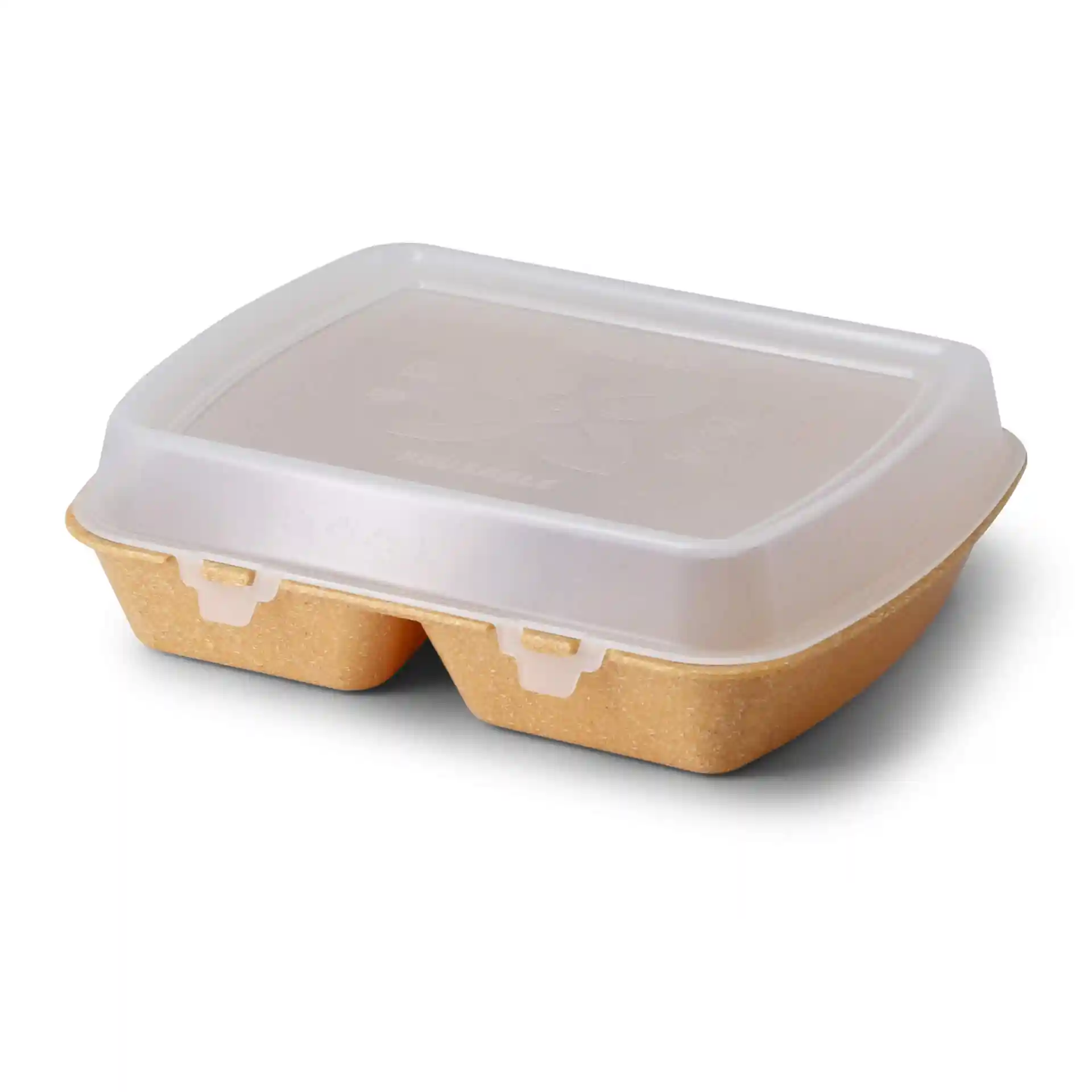 Brown reusable meal container with a transparent lid and two compartments, dimensions 24.5 x 20 x 4.5 cm.