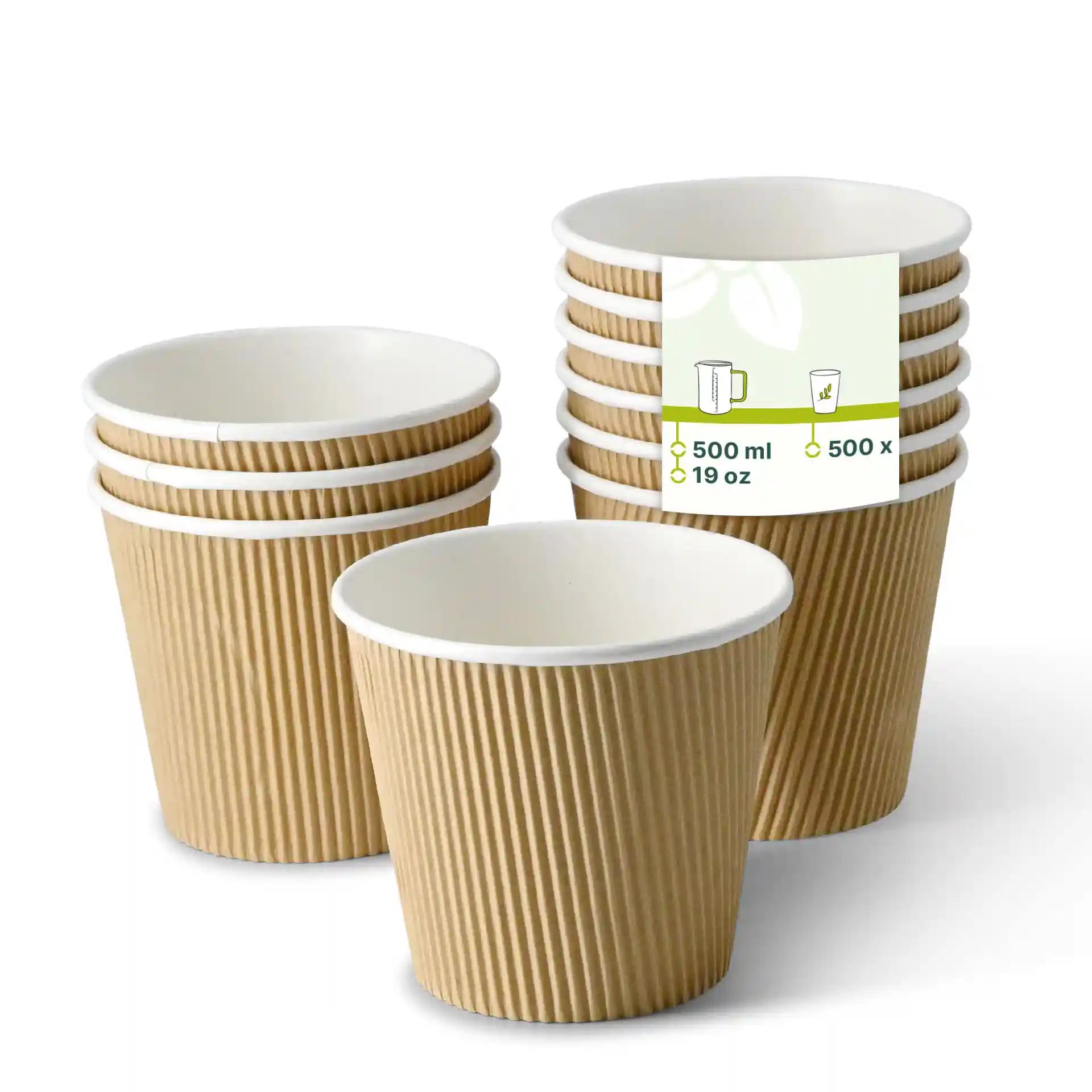 Brown ribbed cardboard soup cups stacked, featuring a label with volume and quantity information.