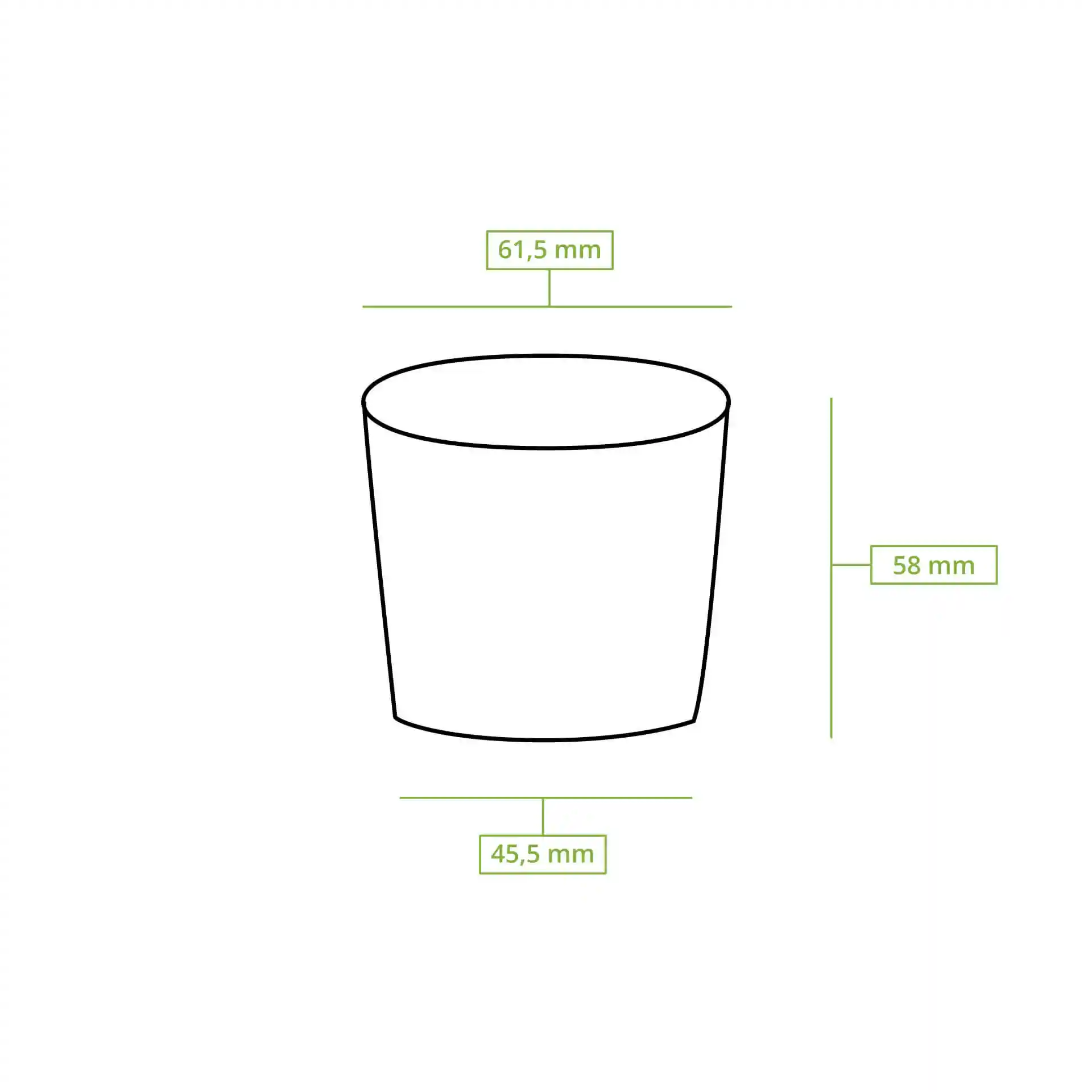 Schematic drawing of a round deli container with dimensions: height 61 mm, top diameter 62 mm, bottom diameter 45 mm.