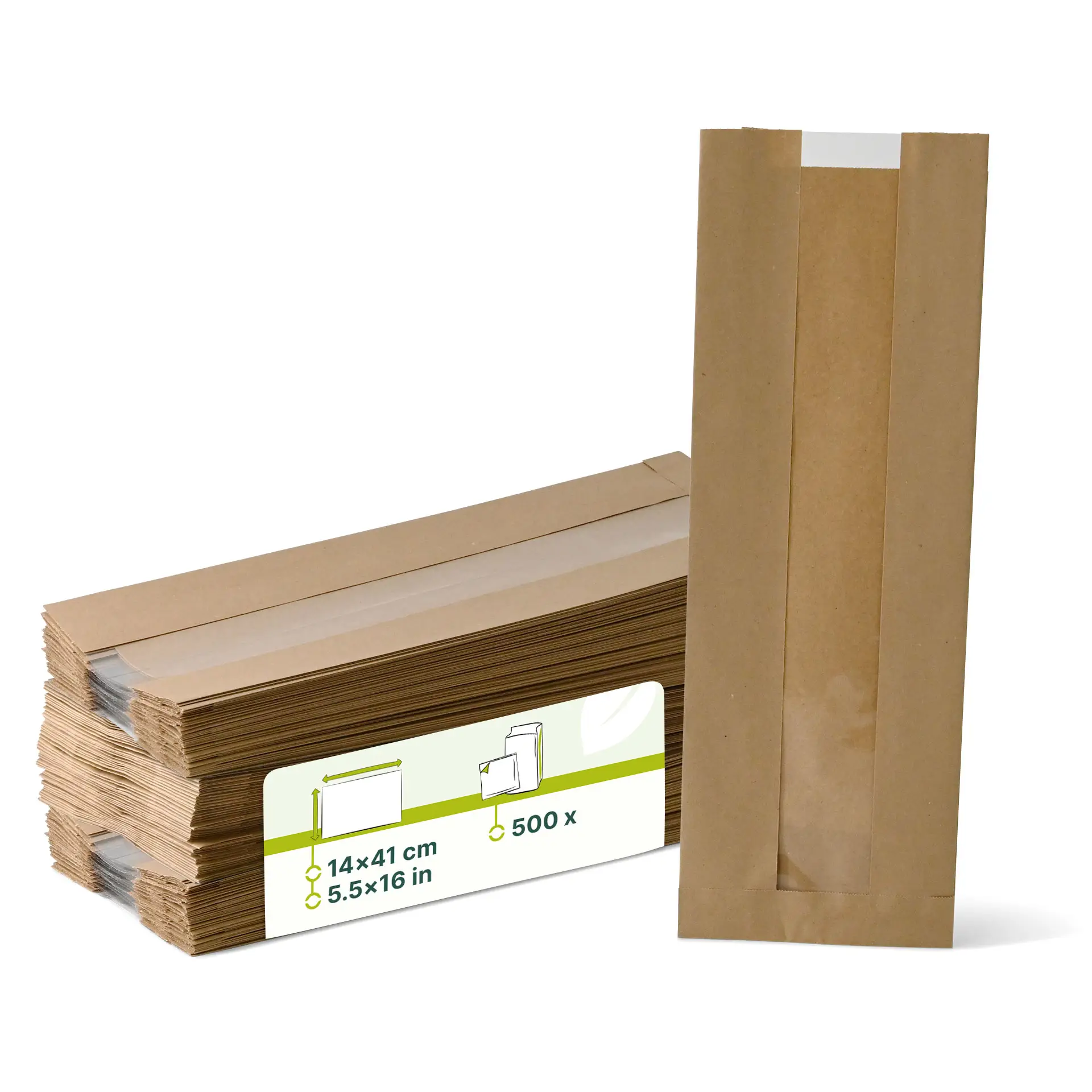 Flat paper bread bag with Window M, 14 x 7 x 41 cm, brown Flat paper bread bag with Window M, 14 x 7 x 41 cm, brown