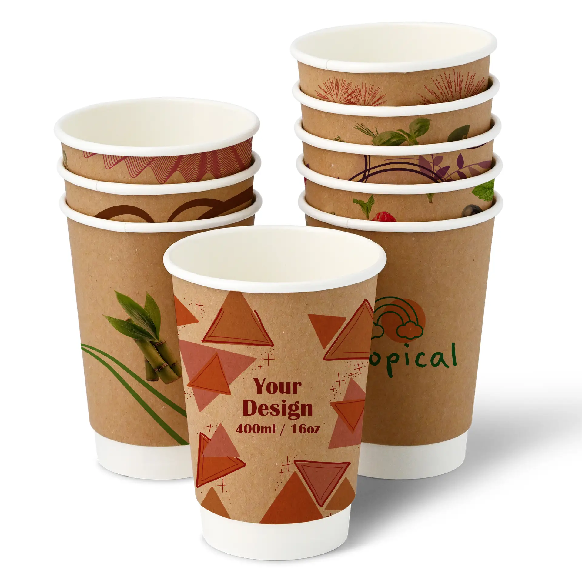 Custom Printed Paper Cups (Double-Walled) 400 ml / 16 oz, double-walled, brown / white, matt, PLA coating Custom Printed Paper Cups (Double-Walled) 400 ml / 16 oz, double-walled, brown / white, matt, PLA coating
