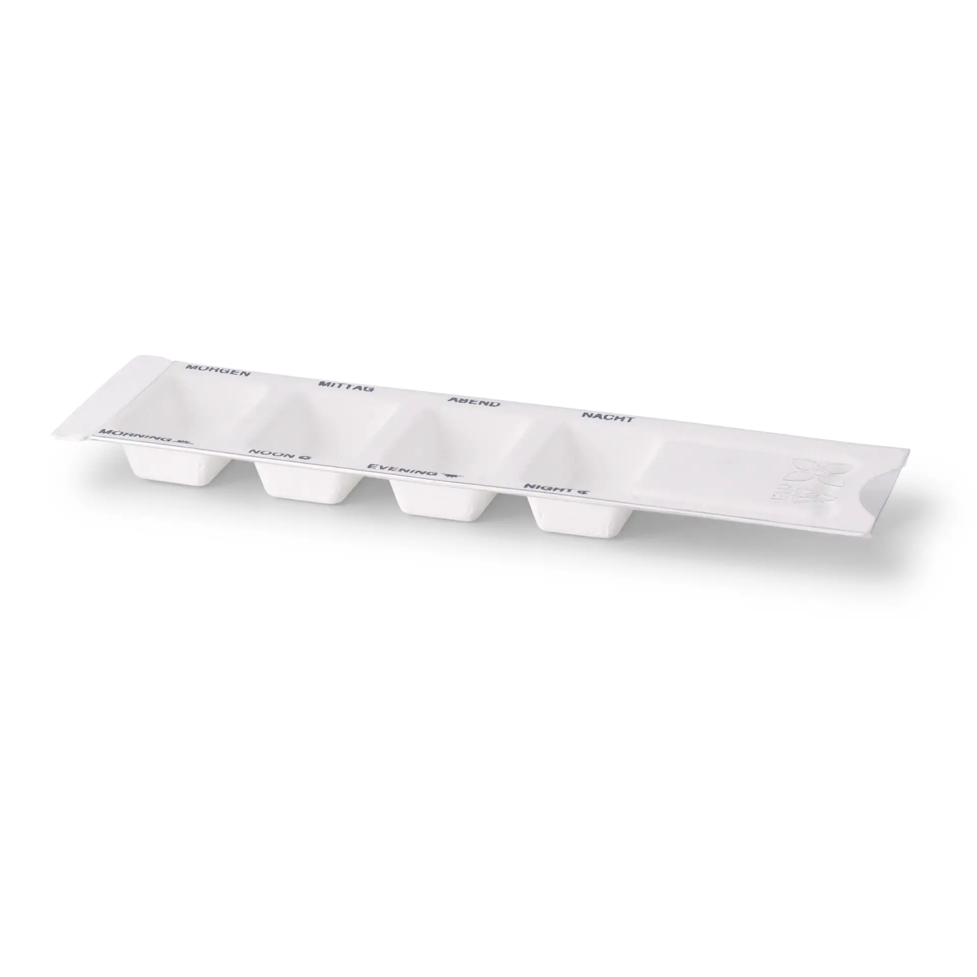 Plant fibre medication dispenser 6 x 22 x 1 cm, 4 chambers, rPET sliding lid dhy05070-medikamenten-dispenser-aus-pflanzenfasern-6-x-22-x-1-cm-4-kammern-rpet-schiebedeckel-1