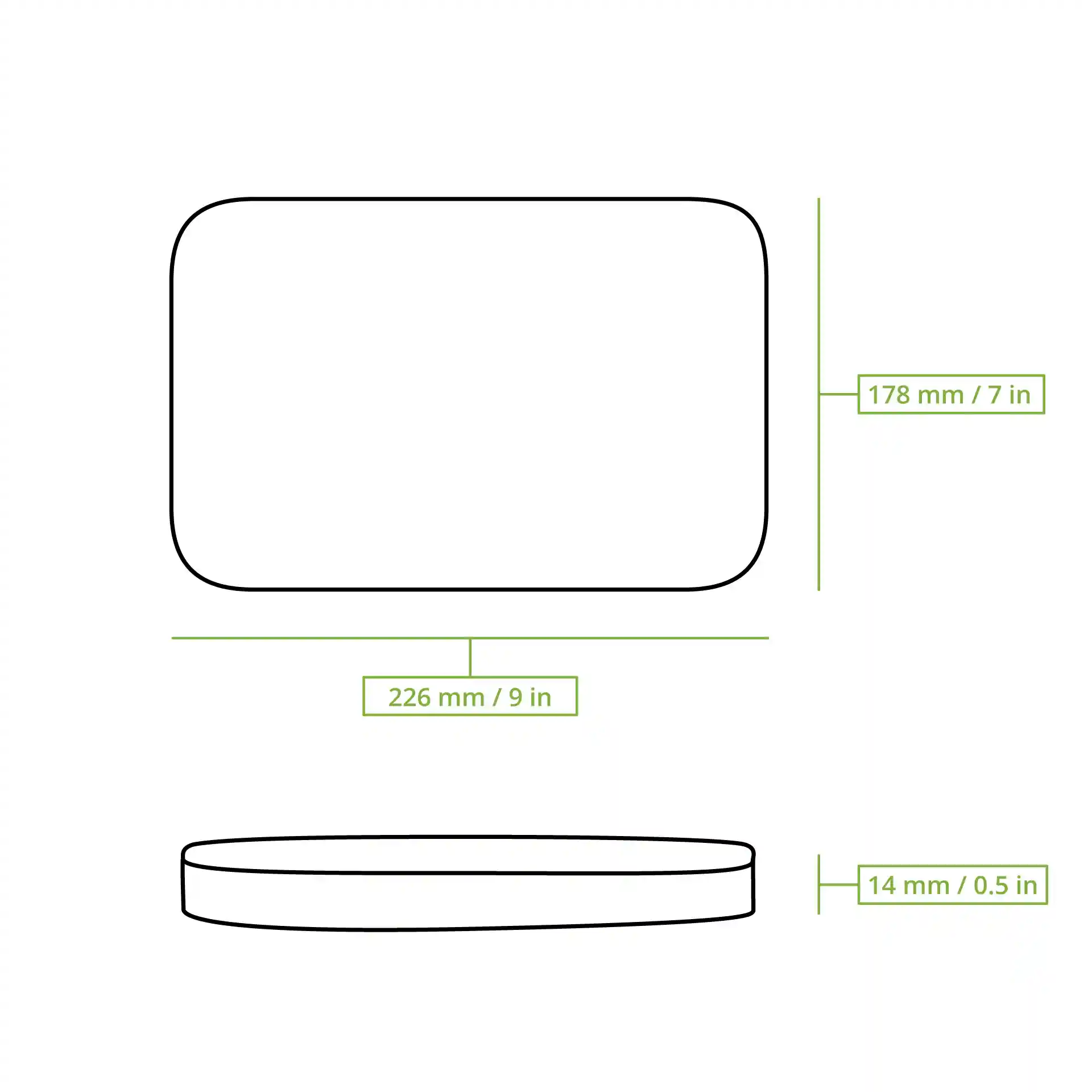 Schematic drawing of a rectangular aluminium lid for a 2-compartment meal tray with dimensions labeled.