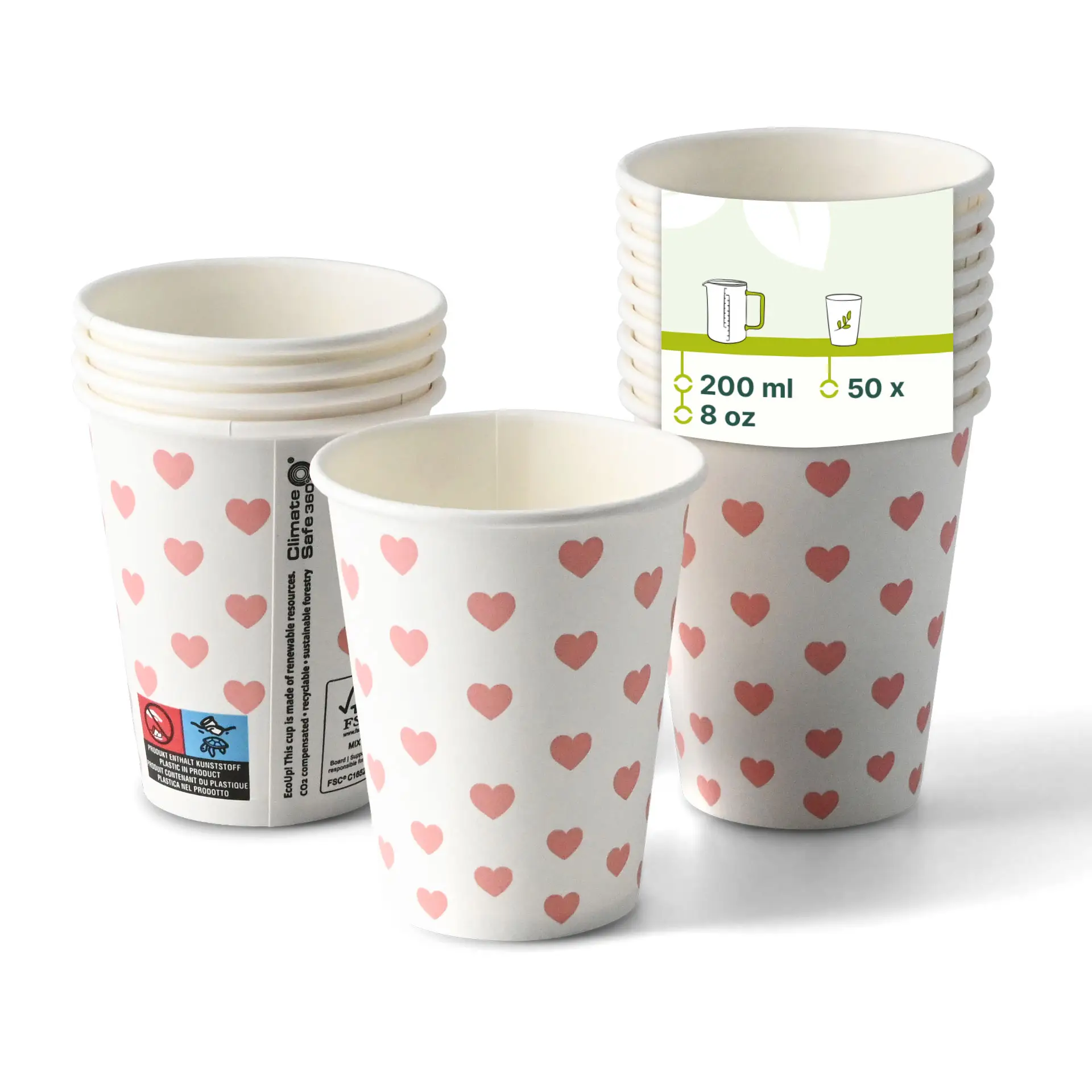 8 oz Paper cup printed with "Hearts" (coated), Ø 80 mm, white con10032-01-1-pappbecher-bedruckt-hearts-beschichtet-200-ml-8-oz-80-mm-weiss