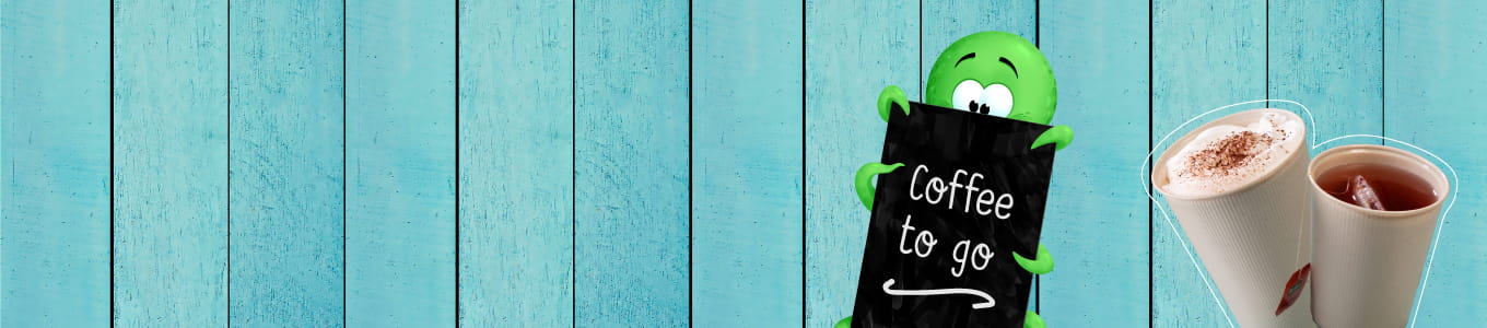 Green character holding a sign next to two drinks; a coffee and a cold beverage on a wooden blue background.