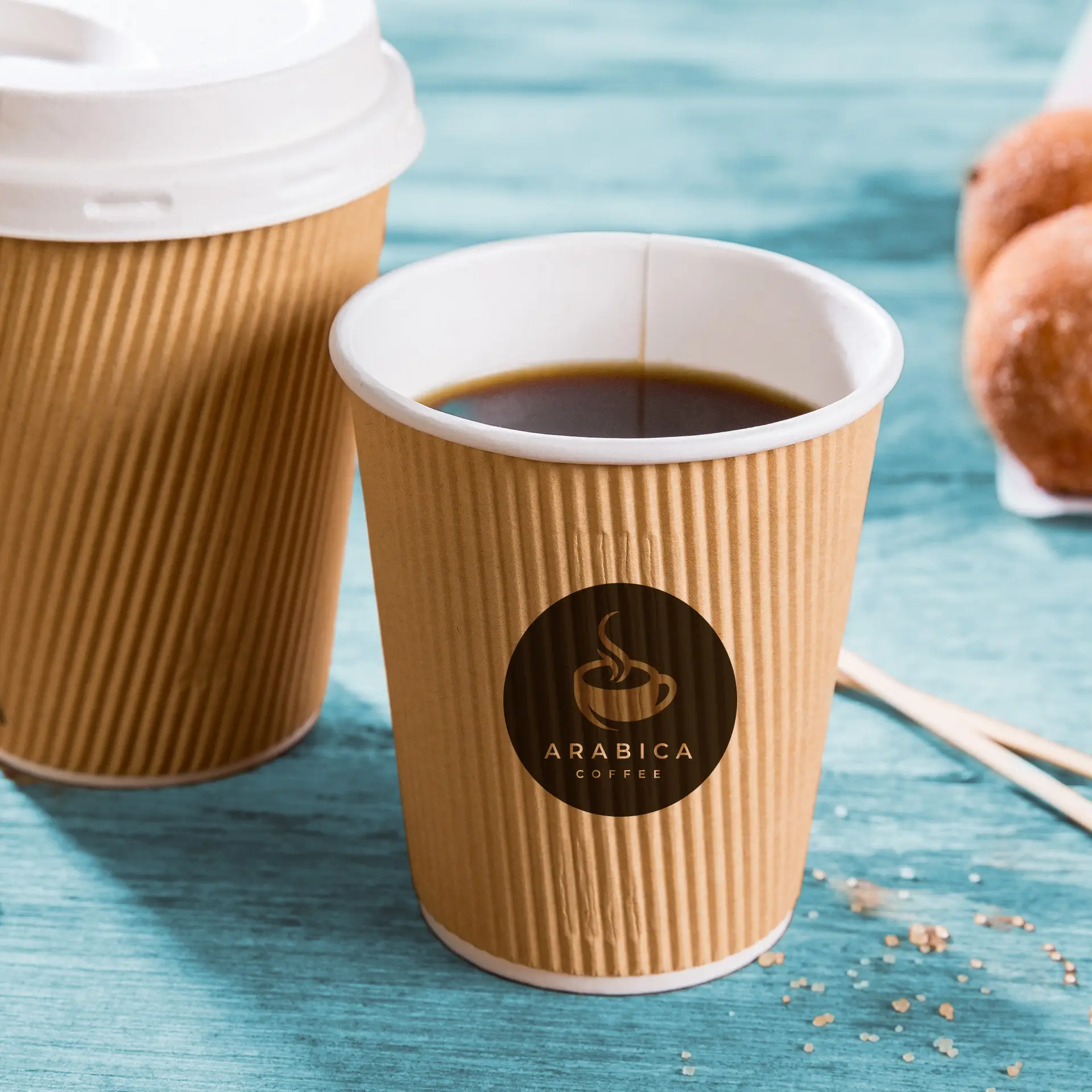 Ribbed cup printed, 200 ml / 8 oz, brown / white, PE-coated