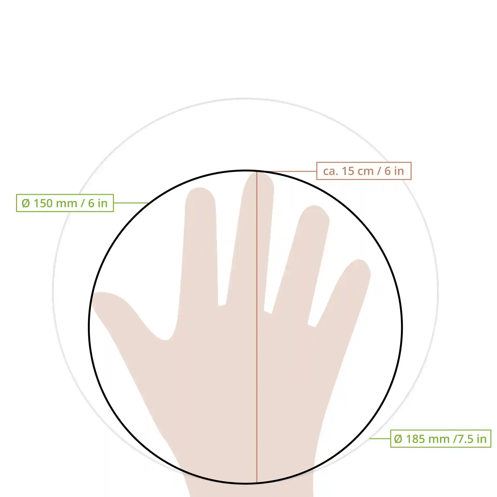 Schematic drawing of a hand inside two circles with diameter measurements of 150 mm and 185 mm on a plain background.